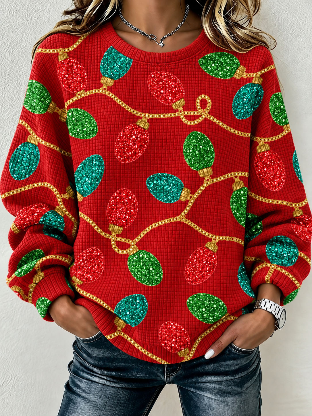 Women's Waffle Knit Crew Neck Sweatshirt, Christmas Light Bulb Print Long Sleeve Loose Casual Pullover Tops  >