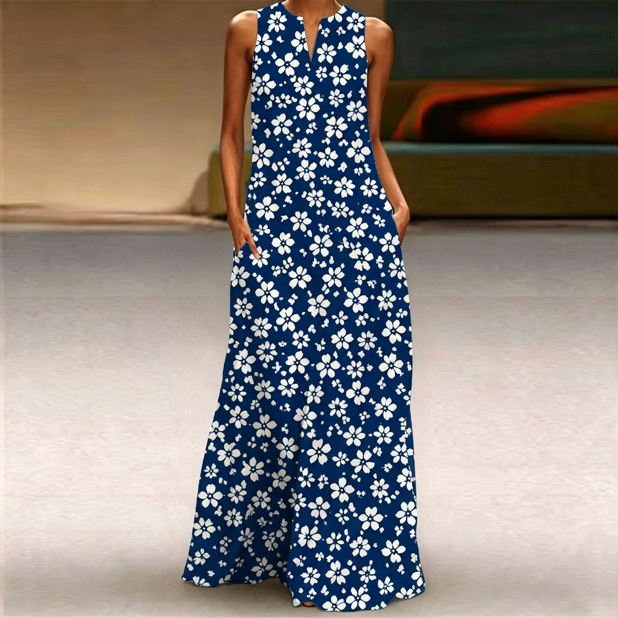 Women Sleeveless Notch V‑Neck Maxi Dress, Navy Blue White Floral Print Loose Flow‑Through Long Casual Dress With Side Pockets