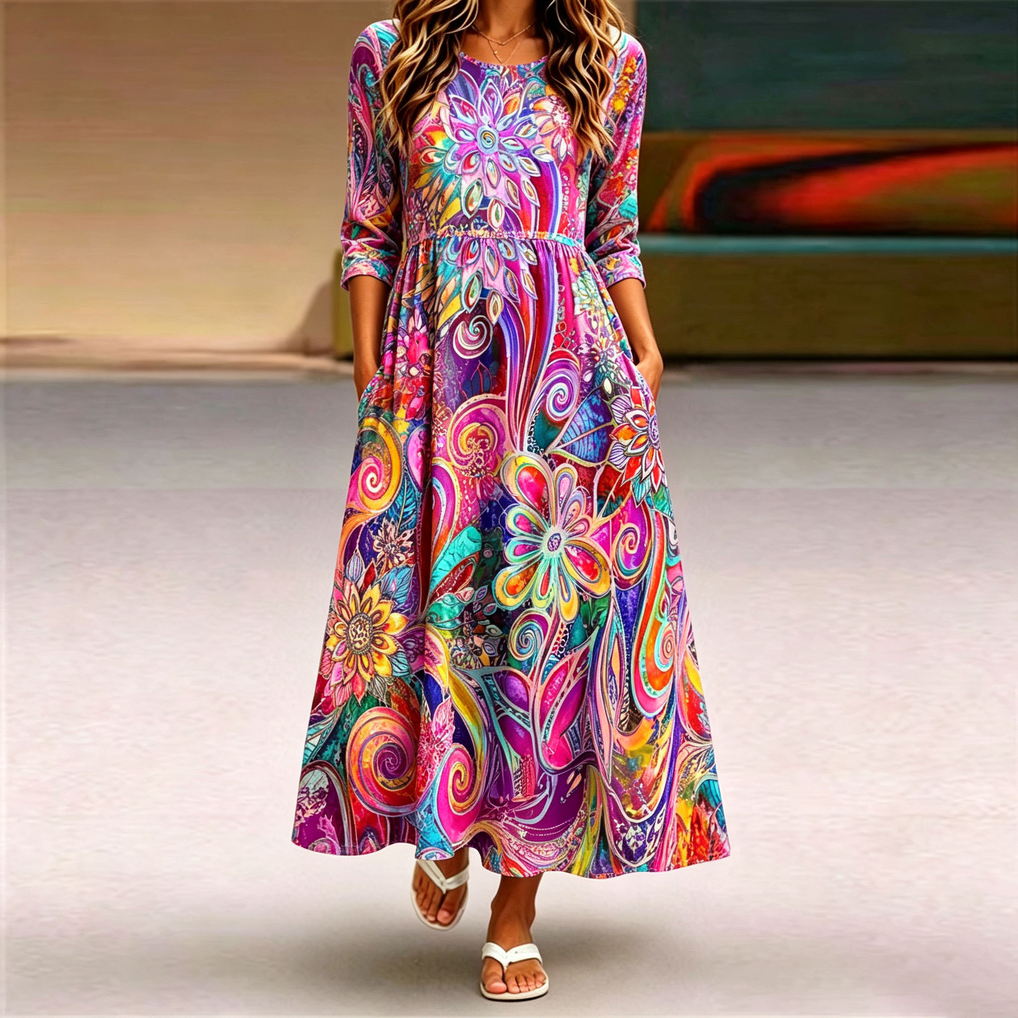 Women's Boho Maxi Dress 3/4 Sleeve Colorful Floral Print A-Line Swing Dress Casual Long Dress for Beach Vacation Party and Daily Wear