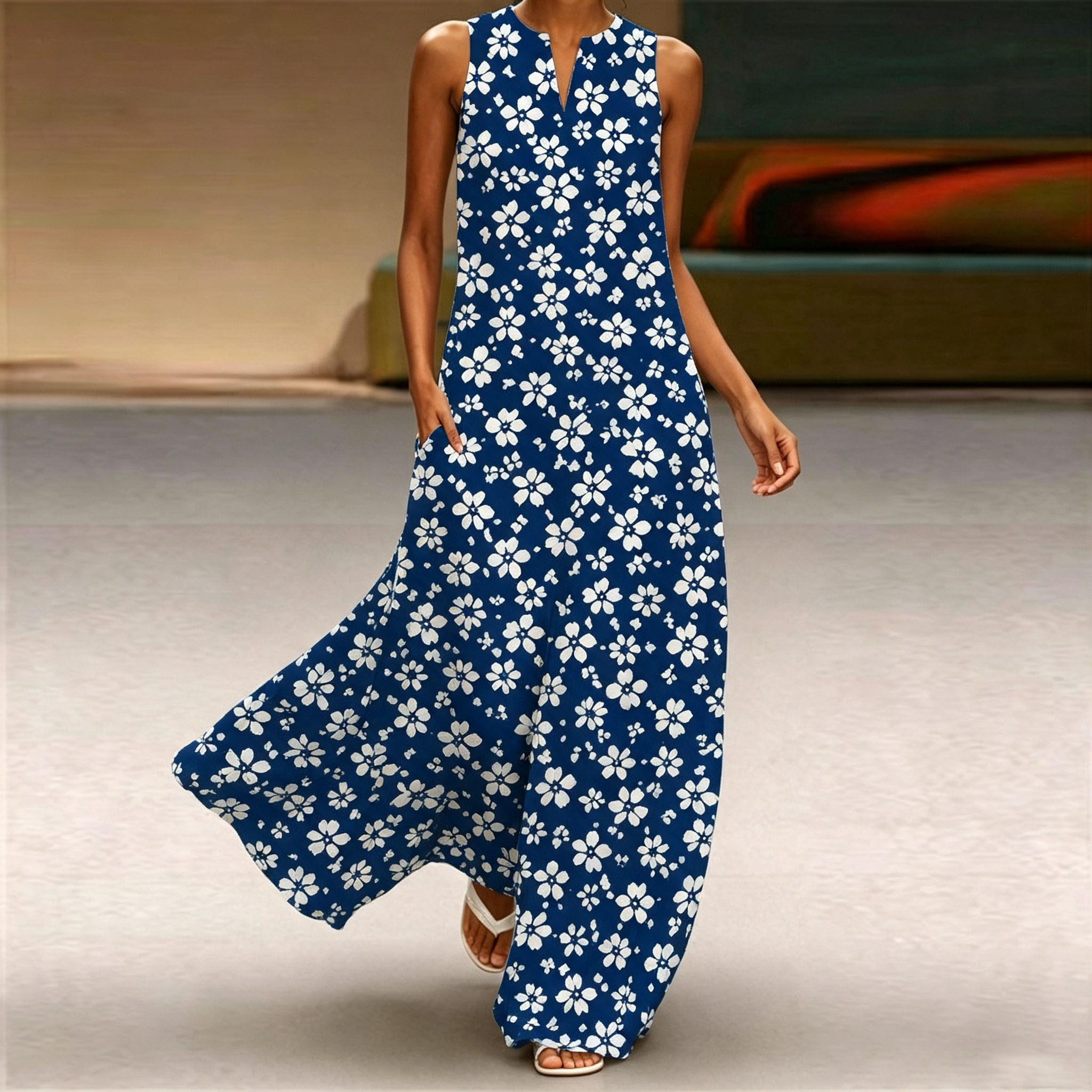 Women Sleeveless Notch V‑Neck Maxi Dress, Navy Blue White Floral Print Loose Flow‑Through Long Casual Dress With Side Pockets