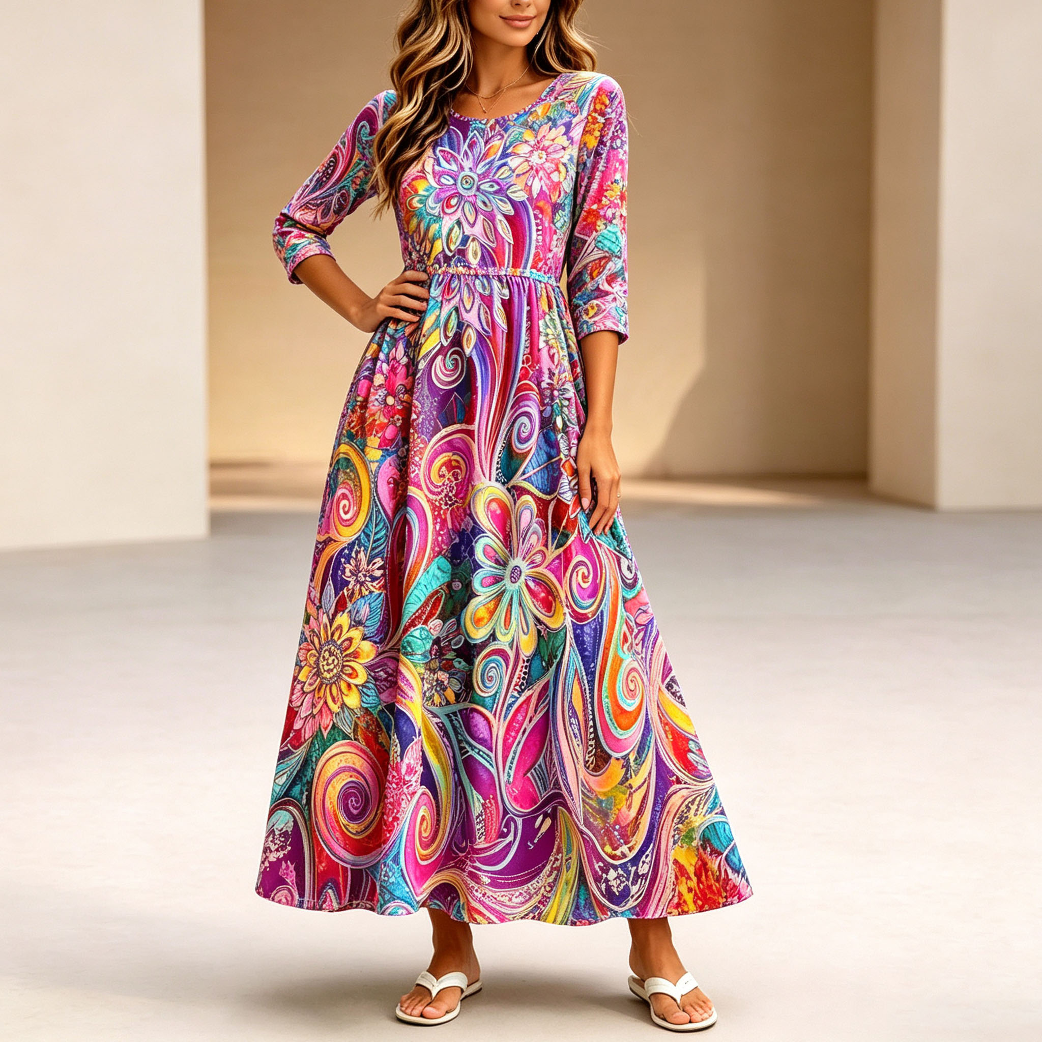 Women's Boho Maxi Dress 3/4 Sleeve Colorful Floral Print A-Line Swing Dress Casual Long Dress for Beach Vacation Party and Daily Wear