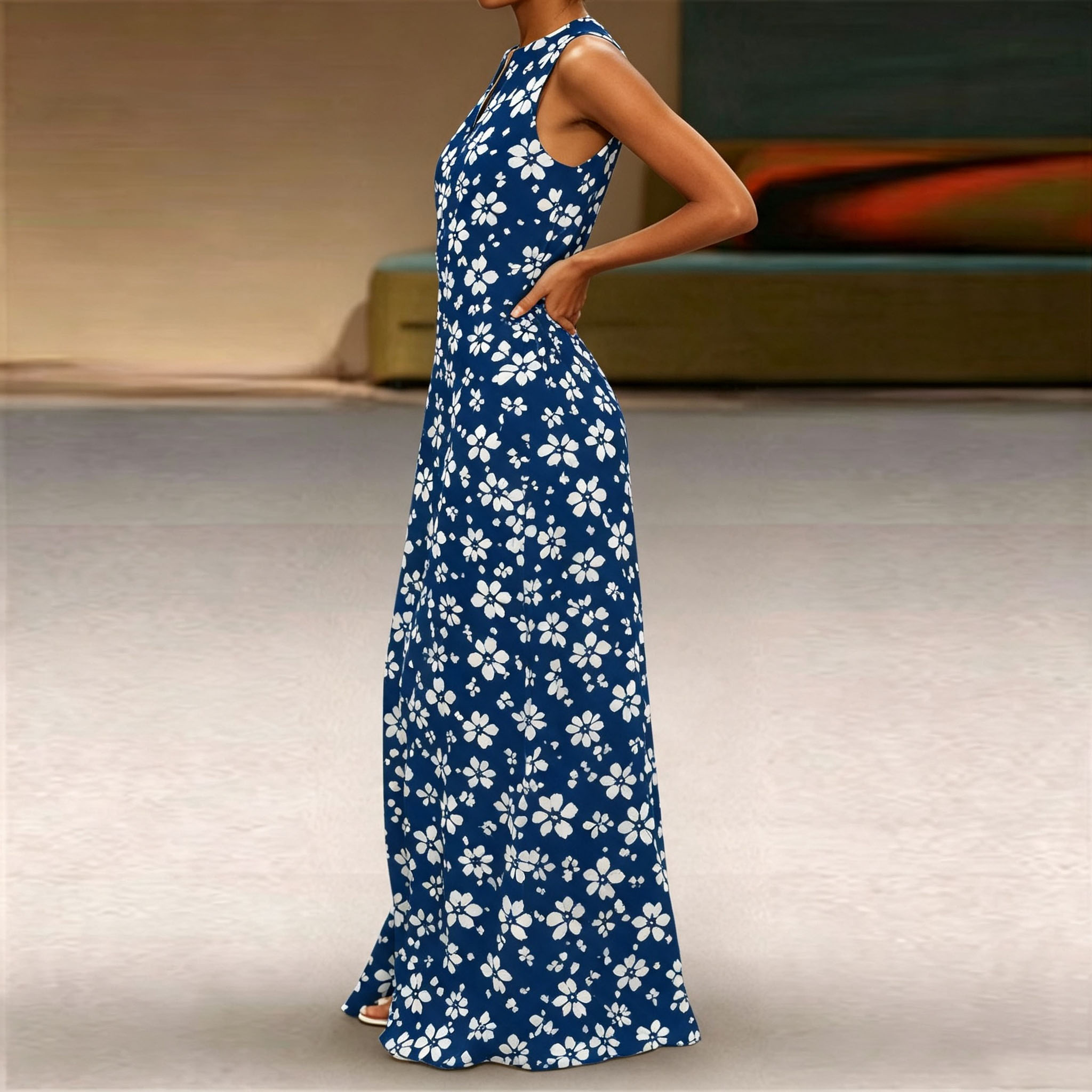Women Sleeveless Notch V‑Neck Maxi Dress, Navy Blue White Floral Print Loose Flow‑Through Long Casual Dress With Side Pockets