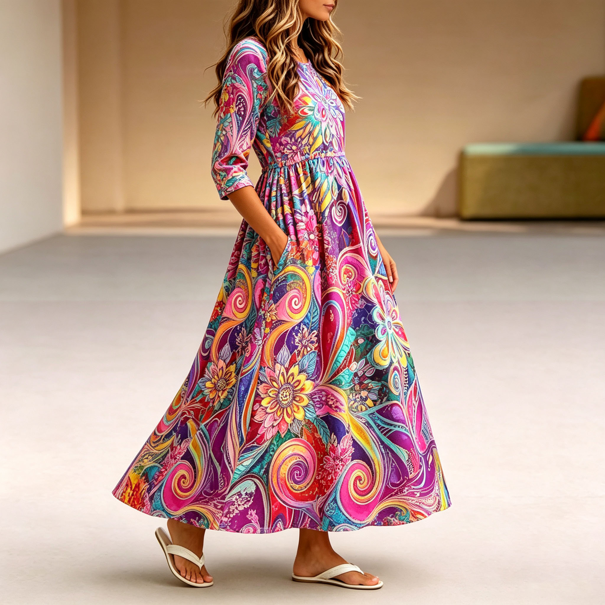 Women's Boho Maxi Dress 3/4 Sleeve Colorful Floral Print A-Line Swing Dress Casual Long Dress for Beach Vacation Party and Daily Wear