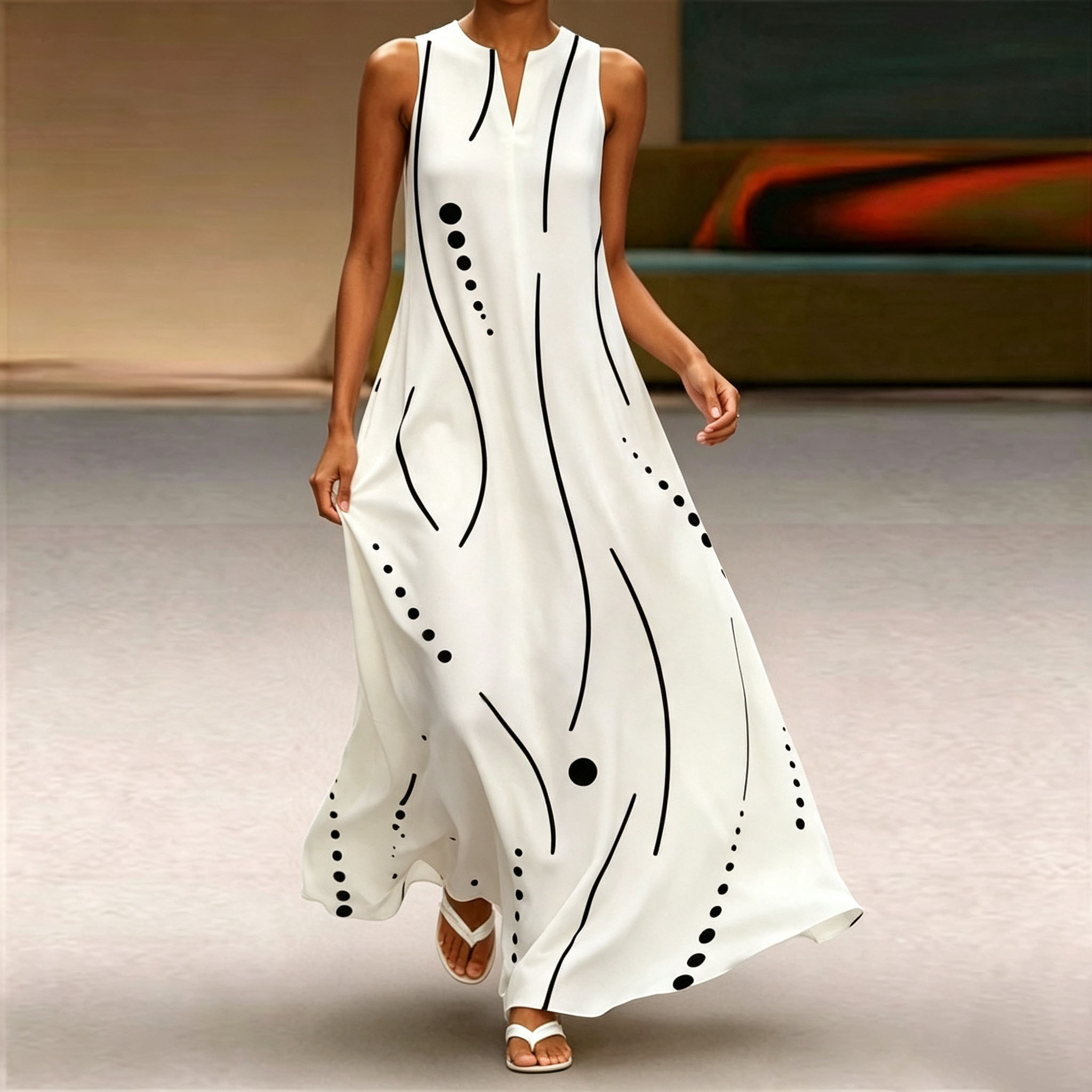 Women Sleeveless Notch V‑Neck Maxi Dress, White With Black Abstract Line Dot Print Loose Flowy Long Casual Dress With Side Pockets