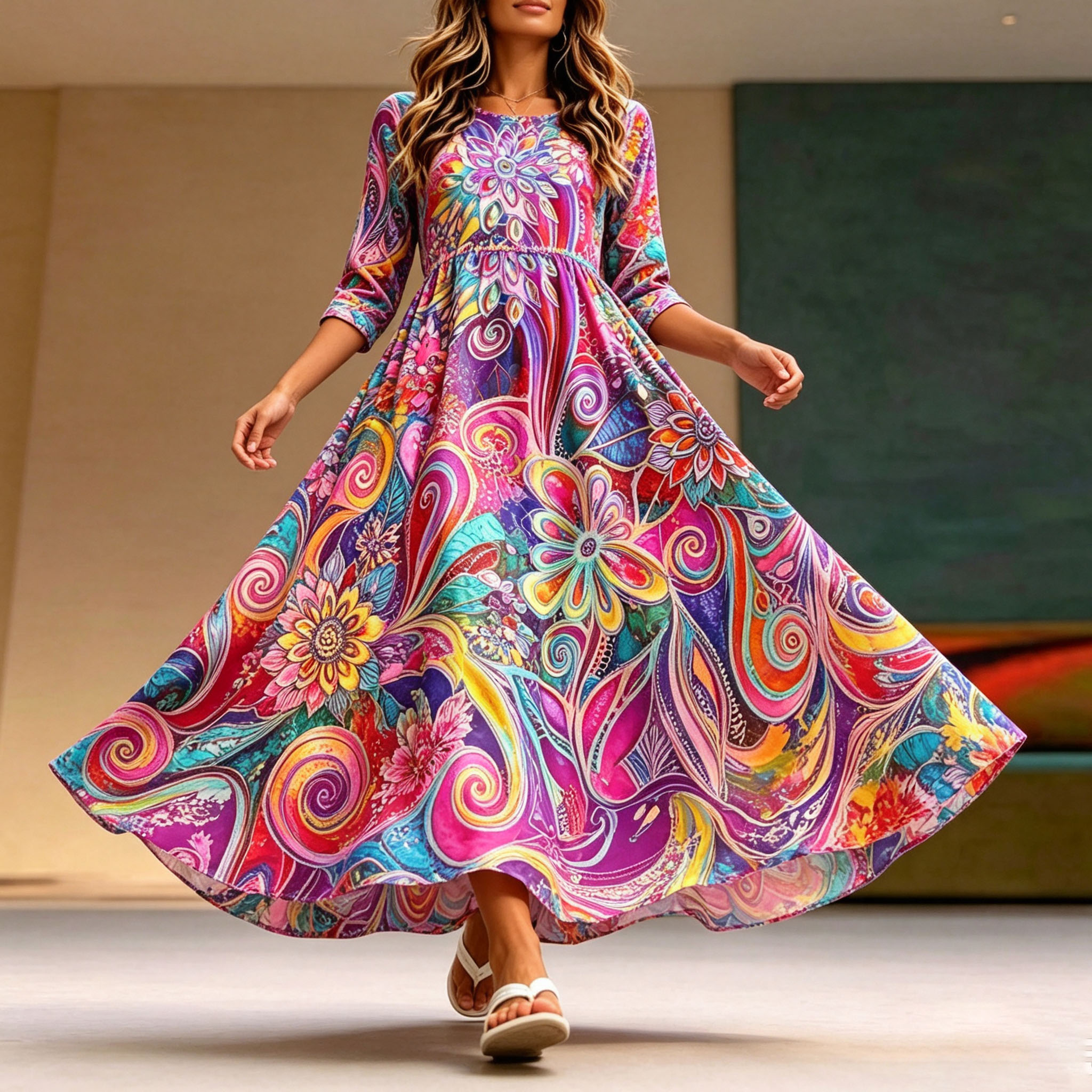 Women's Boho Maxi Dress 3/4 Sleeve Colorful Floral Print A-Line Swing Dress Casual Long Dress for Beach Vacation Party and Daily Wear
