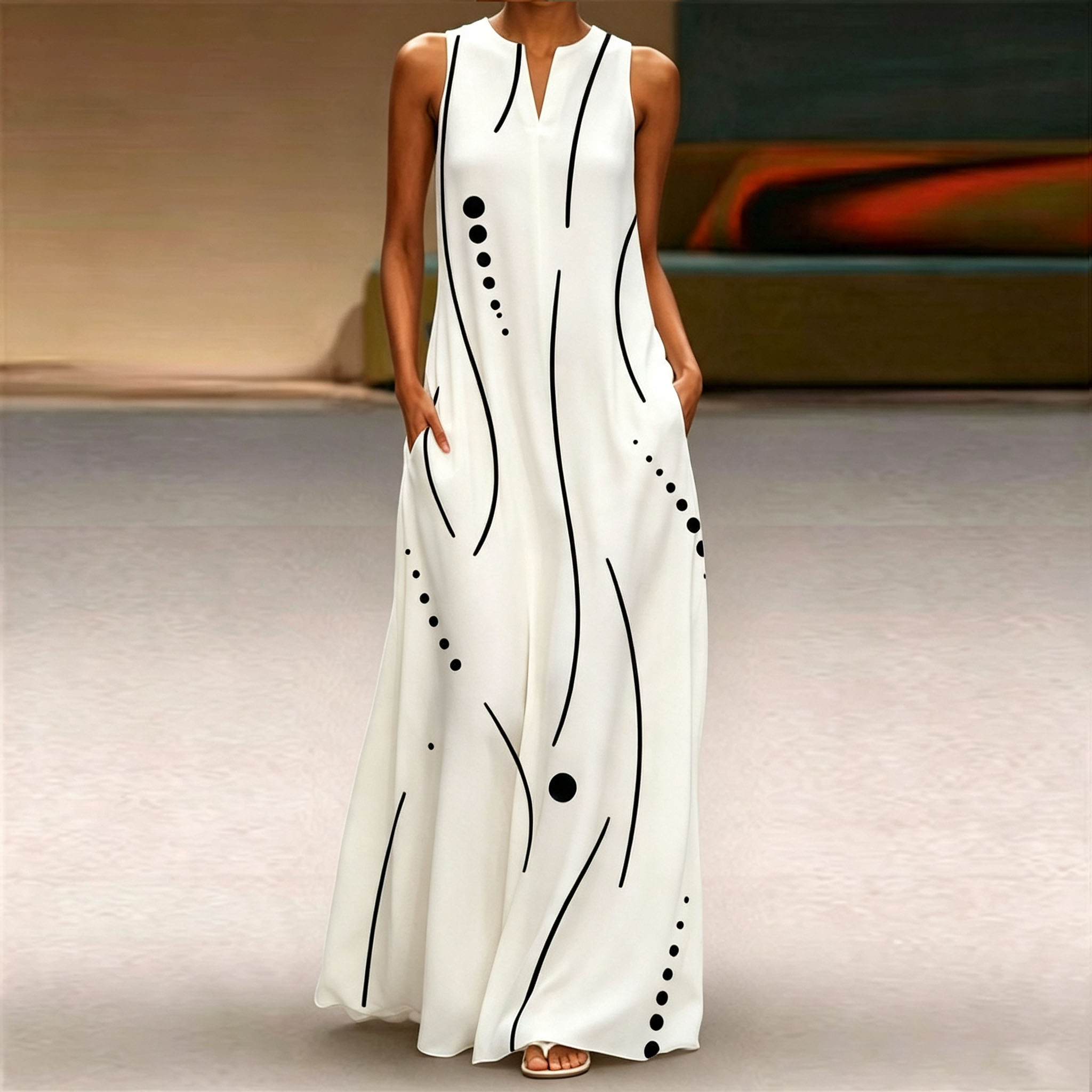 Women Sleeveless Notch V‑Neck Maxi Dress, White With Black Abstract Line Dot Print Loose Flowy Long Casual Dress With Side Pockets
