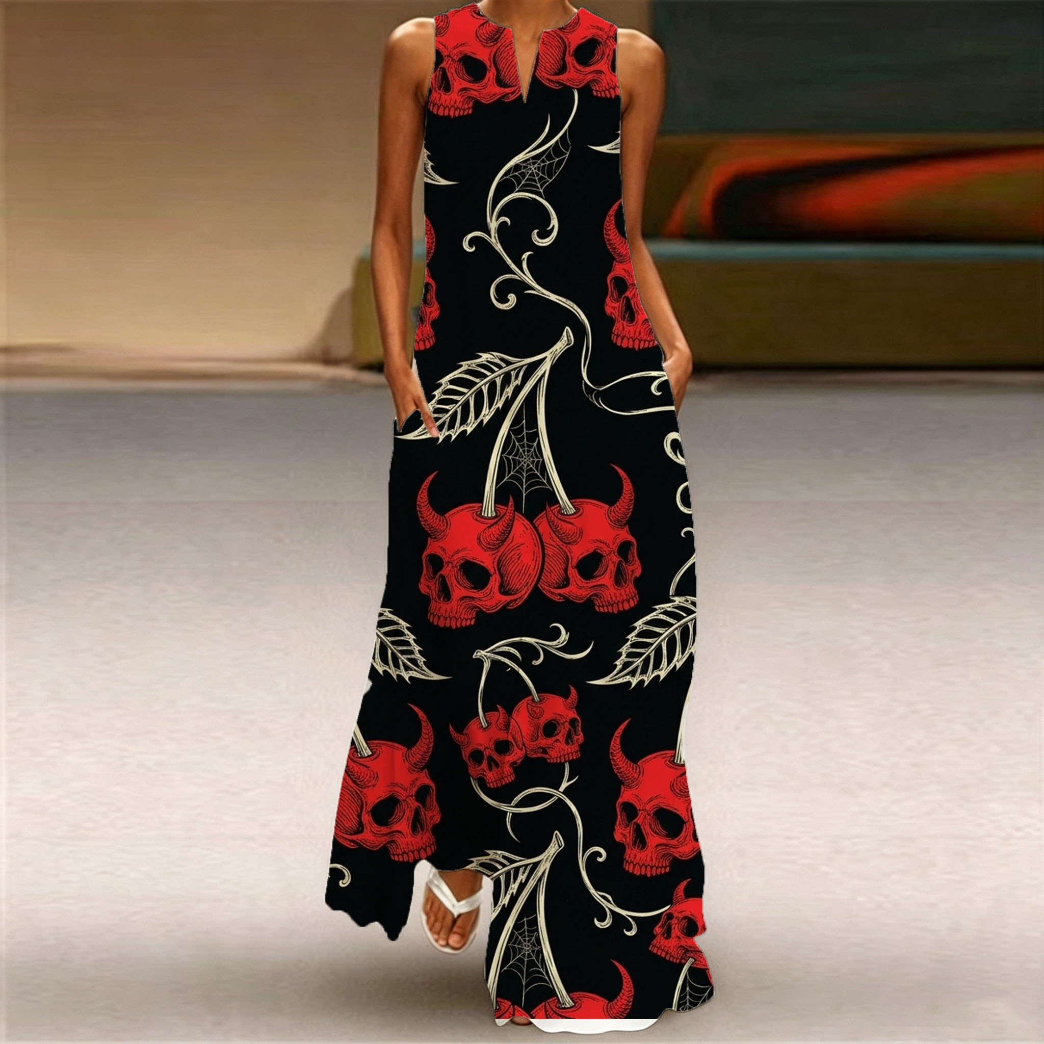 Women Sleeveless Notch V‑Neck Maxi Dress, Black Background Red Devil Skull Cherry Spider Web Print Loose Flowy Long Dress With Side Pockets