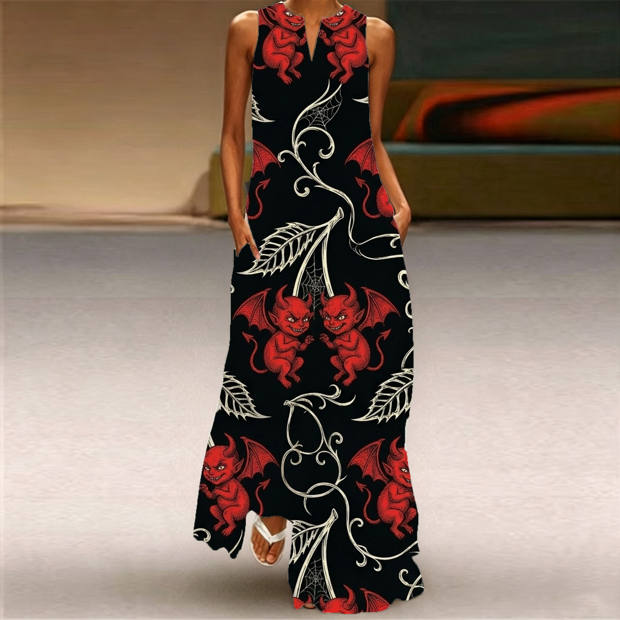 Women Sleeveless Notch V‑Neck Maxi Dress, Black Red Little Devil Spider Web Vine Print Loose Flowy Long Dress With Side Pockets