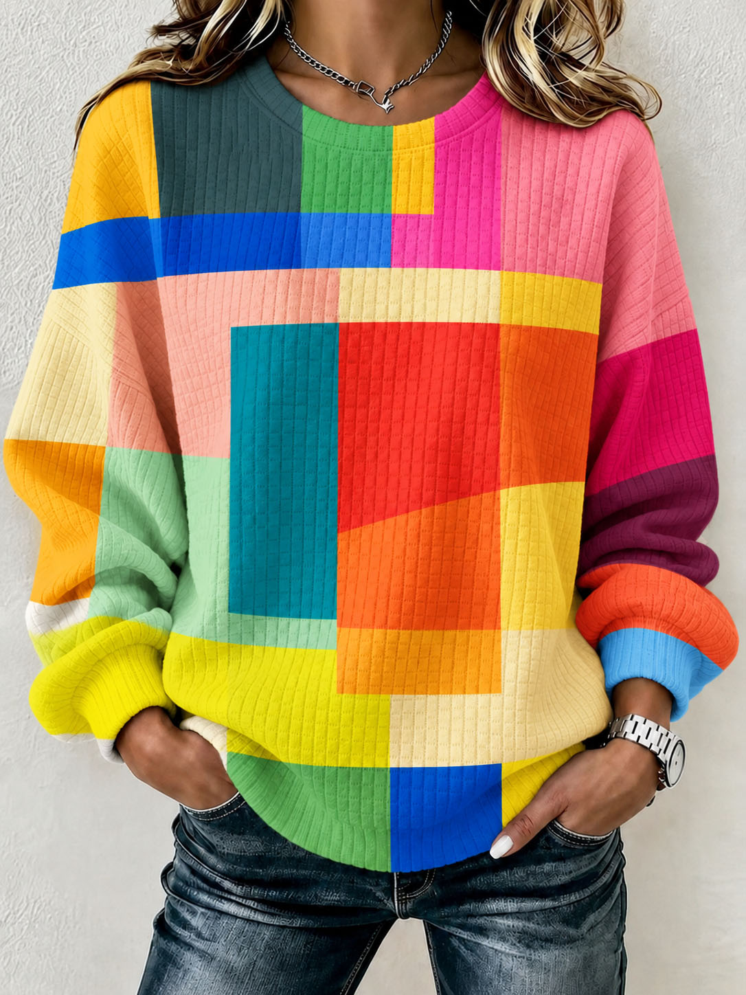 Women's Waffle Knit Sweatshirt Colorful Color Block Geometric Print Crew Neck Long Sleeve Loose Casual Pullover Tops