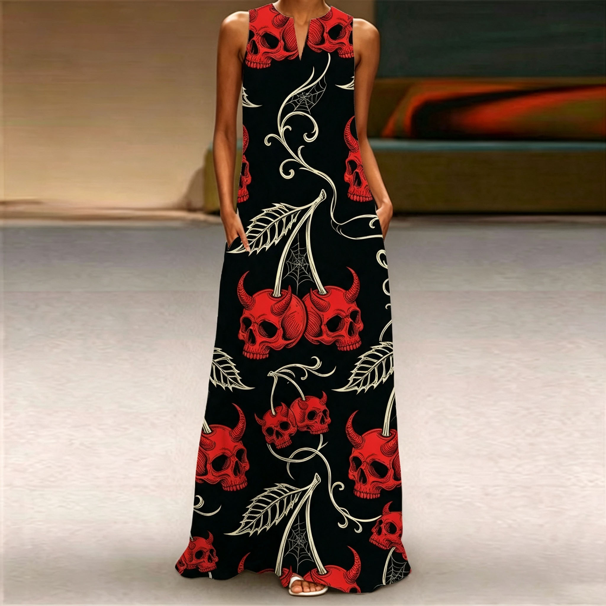 Women Sleeveless Notch V‑Neck Maxi Dress, Black Background Red Devil Skull Cherry Spider Web Print Loose Flowy Long Dress With Side Pockets