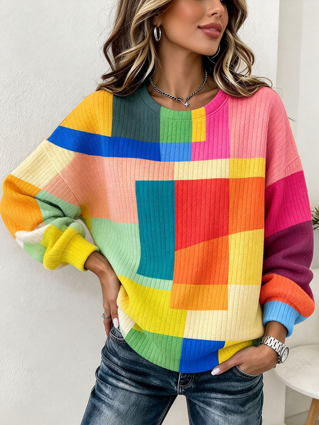 Women's Waffle Knit Sweatshirt Colorful Color Block Geometric Print Crew Neck Long Sleeve Loose Casual Pullover Tops