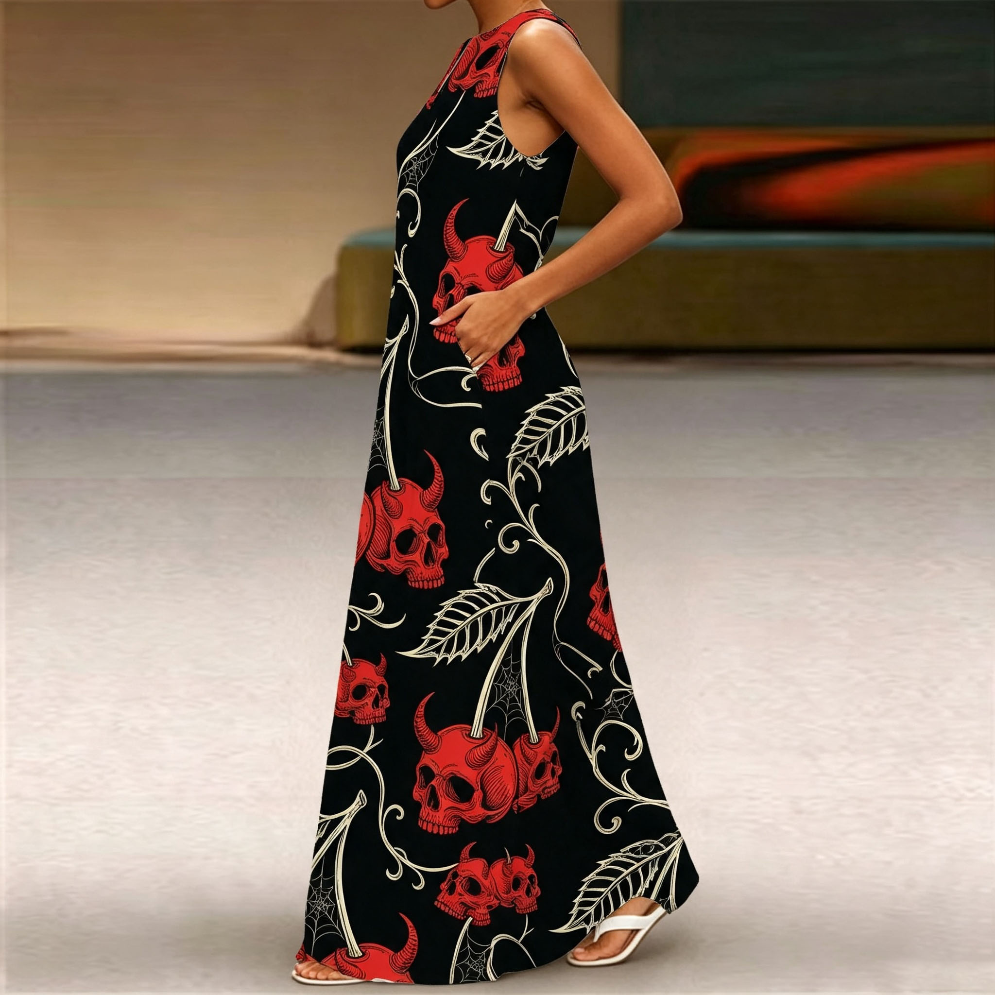 Women Sleeveless Notch V‑Neck Maxi Dress, Black Background Red Devil Skull Cherry Spider Web Print Loose Flowy Long Dress With Side Pockets