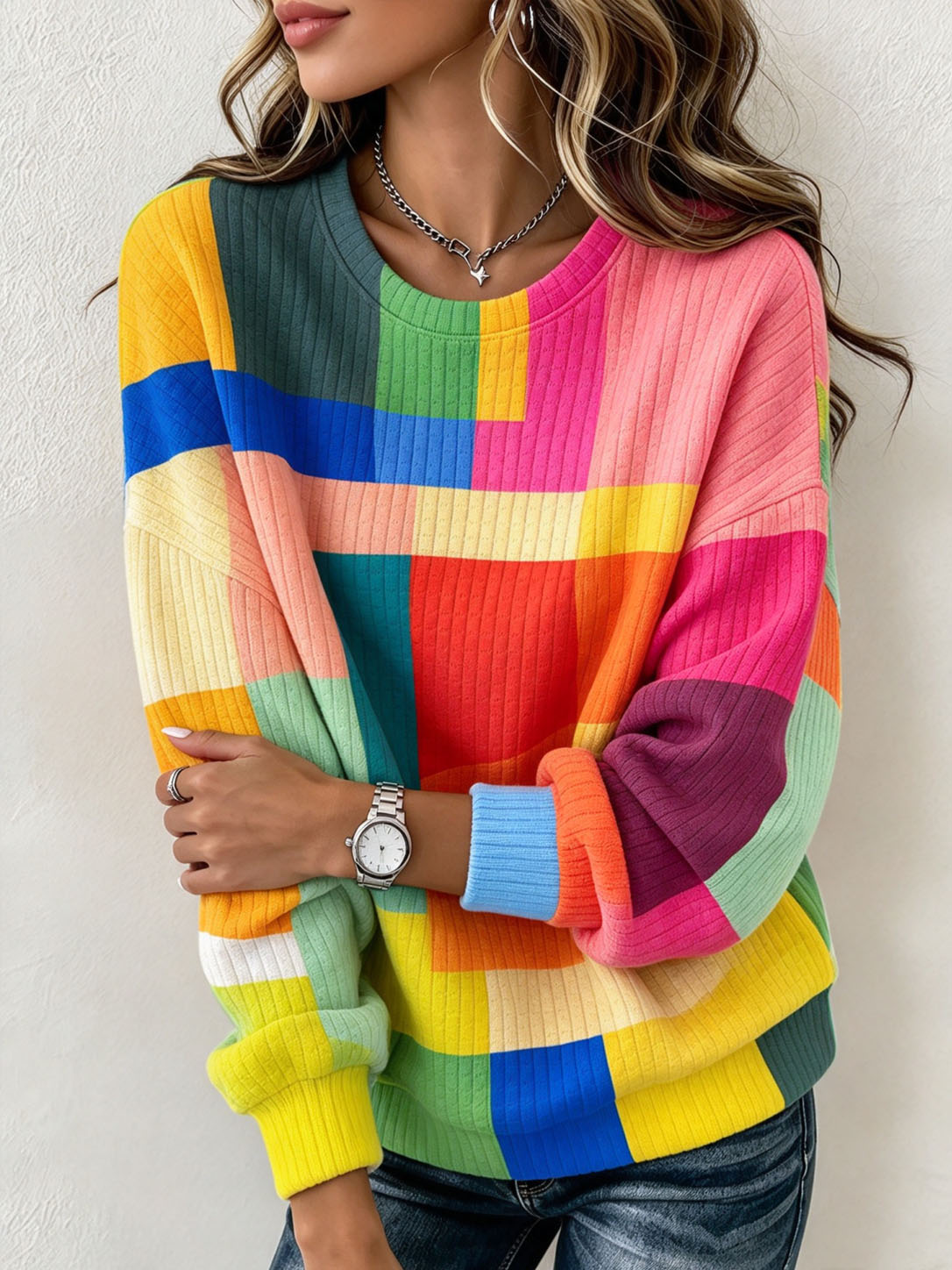 Women's Waffle Knit Sweatshirt Colorful Color Block Geometric Print Crew Neck Long Sleeve Loose Casual Pullover Tops