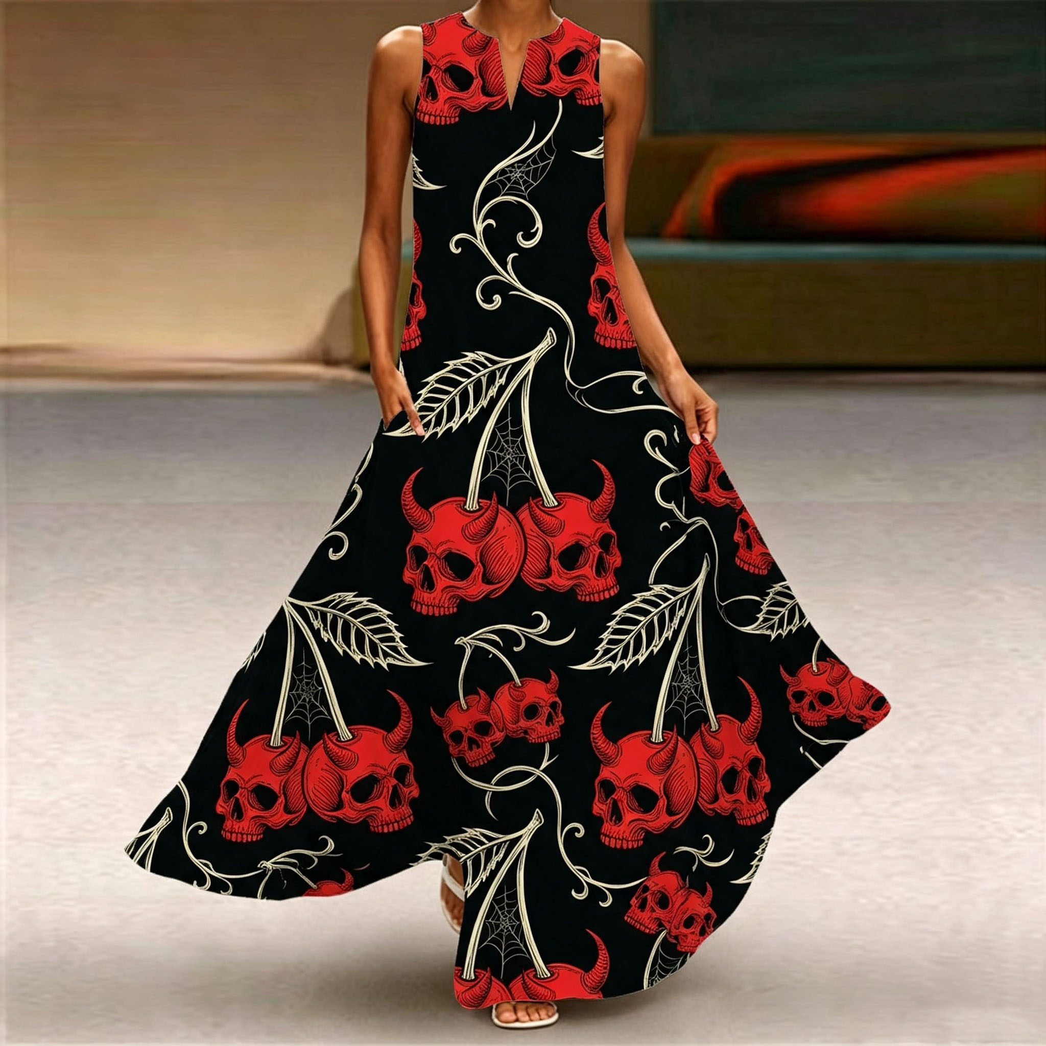 Women Sleeveless Notch V‑Neck Maxi Dress, Black Background Red Devil Skull Cherry Spider Web Print Loose Flowy Long Dress With Side Pockets