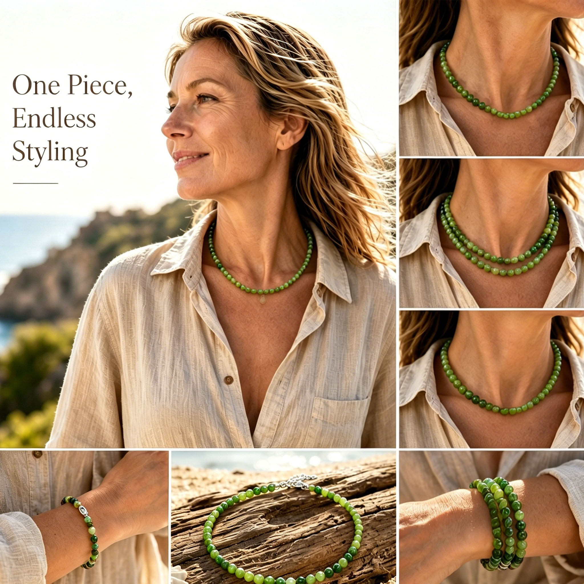 Olive Green Natural Stone Beaded Necklace – Mediterranean Resort Style Gemstone Jewelry | Handmade Crystal Necklace for Women | Fresh Boho Beach Vacation Strand