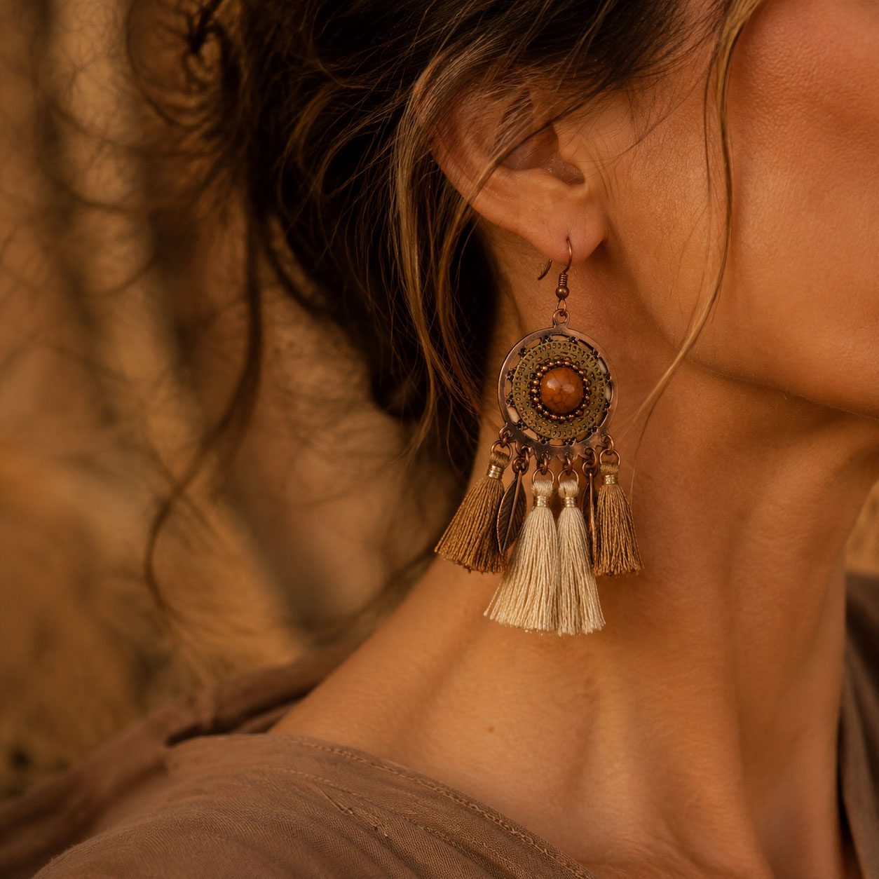 Vintage Boho Dual-Tone Round Filigree Dangle Earrings, Antique Copper Inlaid Faux Tiger Eye Stone with Mixed Khaki Cotton Tassel Fringe Drop Earrings, Ethnic Western Hippie Statement Jewelry for Women Beach Festival Gift