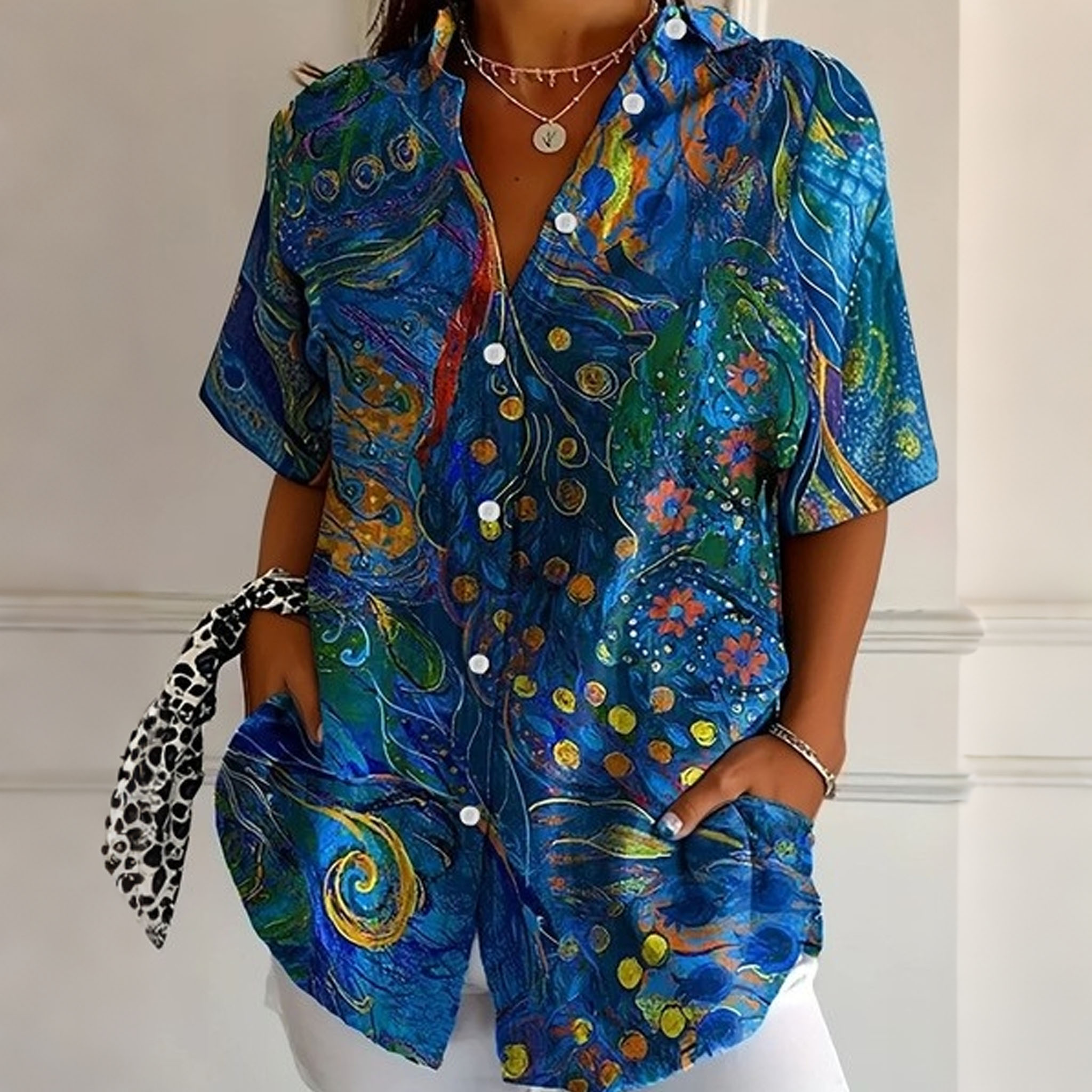 Women’s Bohemian Floral Print Short Sleeve Shirt – Polyester Casual Button-Up Blouse
