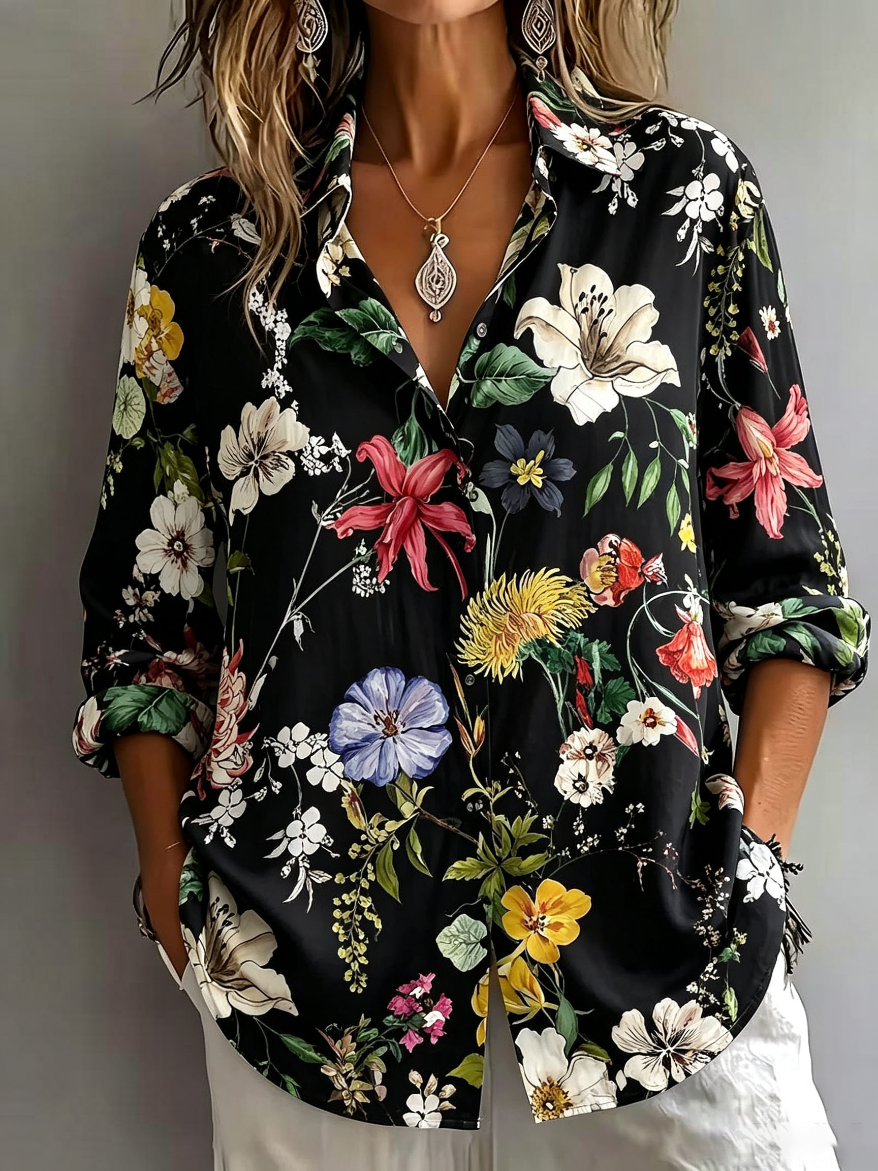 Women’s Black Floral Print Button Down Shirt – Elegant Long Sleeve Casual Blouse with Lightweight Polyester Fabric