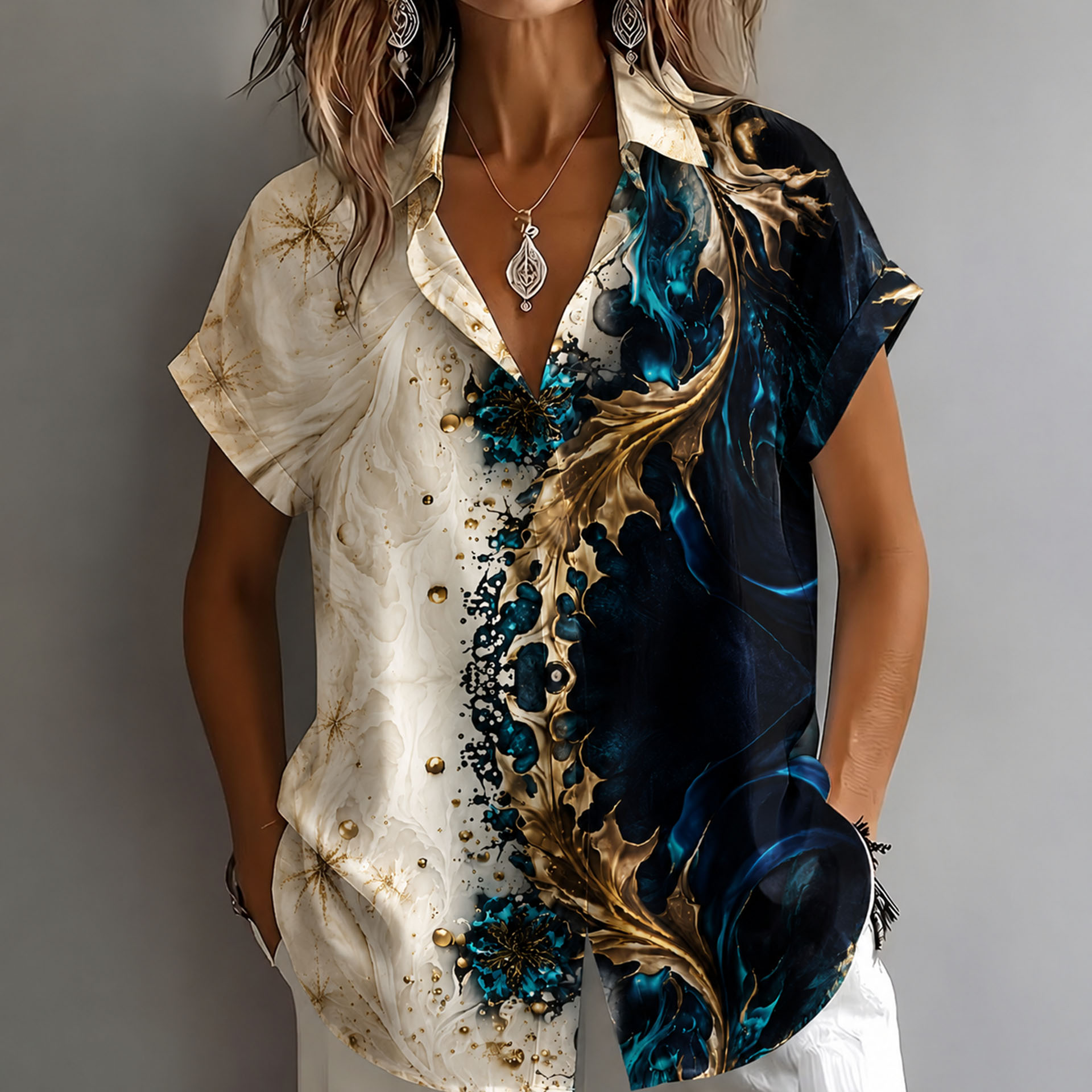 Women's Floral Printed Button Down Shirt – Elegant Casual Short Sleeve Blouse with Lightweight Polyester Fabric