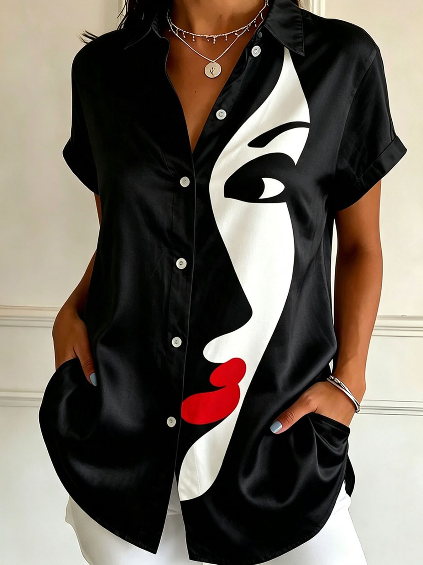Women's Short Sleeve Button Down Shirt – Elegant Abstract Print Blouse with Collared Neck, Lightweight Polyester Casual Top