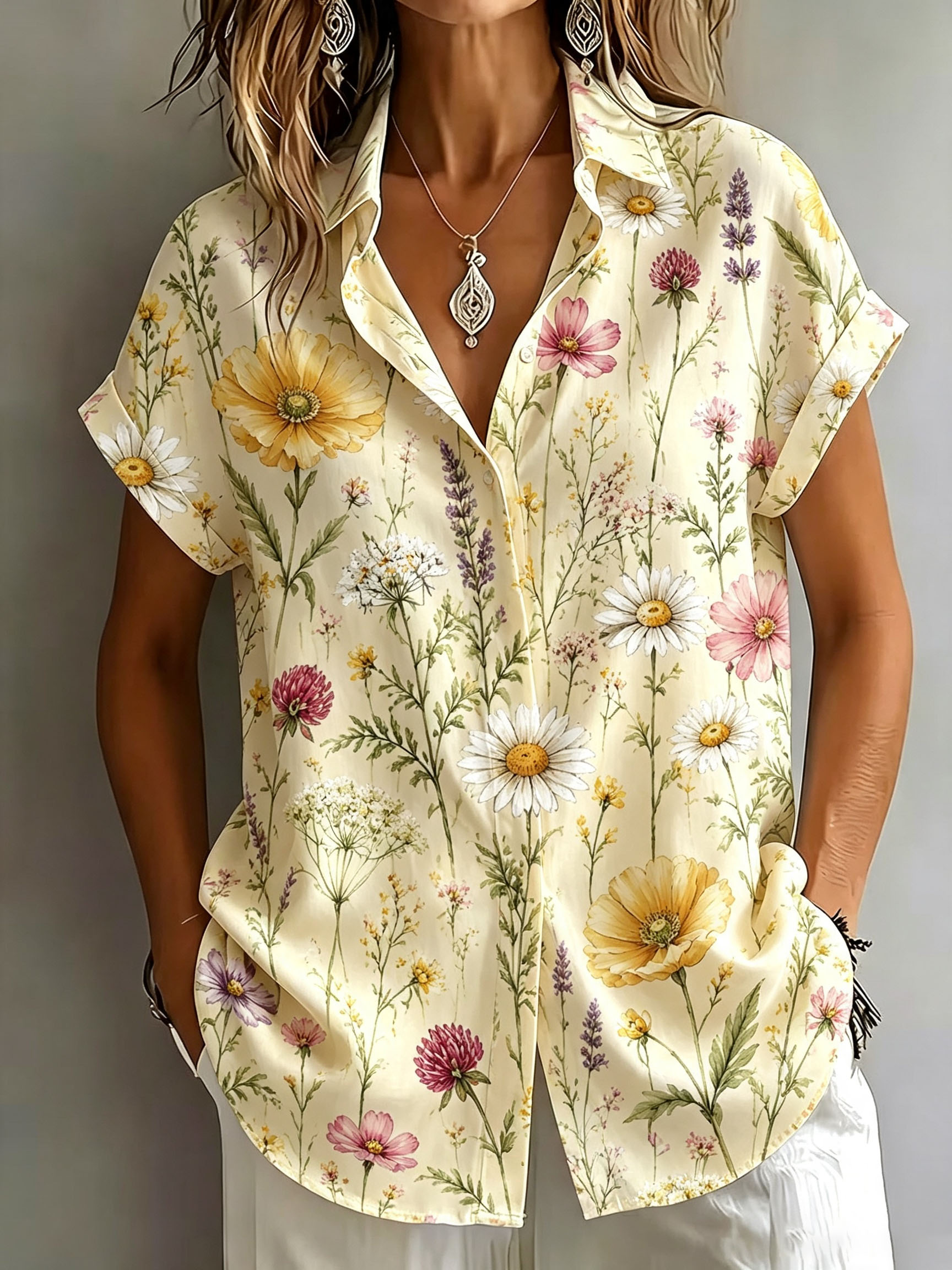 Women's Botanical Floral Print Button Down Shirt – Vintage Garden Short Sleeve Blouse with Lightweight Polyester Fabric