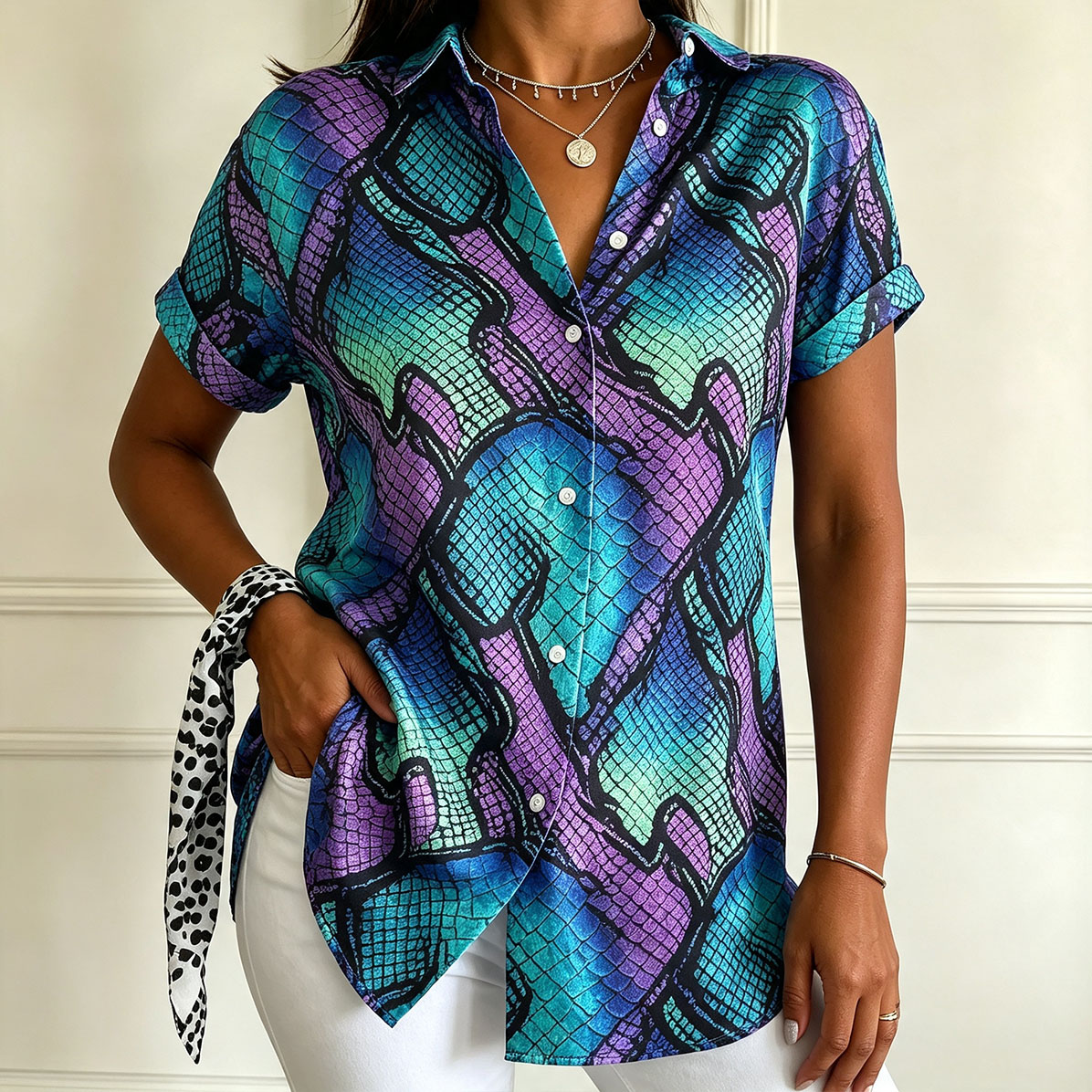 Women's Snake Print Button Down Shirt – Short Sleeve Casual Blouse, Lightweight Polyester Fashion Top  