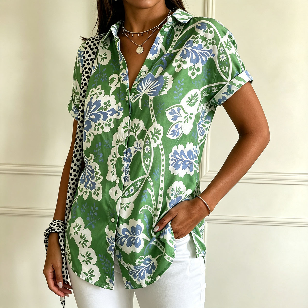 Women’s Floral Print Button Down Shirt – Short Sleeve Casual Blouse, Lightweight Summer Top with Botanical Pattern