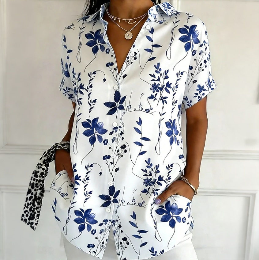 Women's Floral Print Button Down Shirt – Short Sleeve Casual Blouse with Collared Neck, Lightweight Loose Fit Summer Top