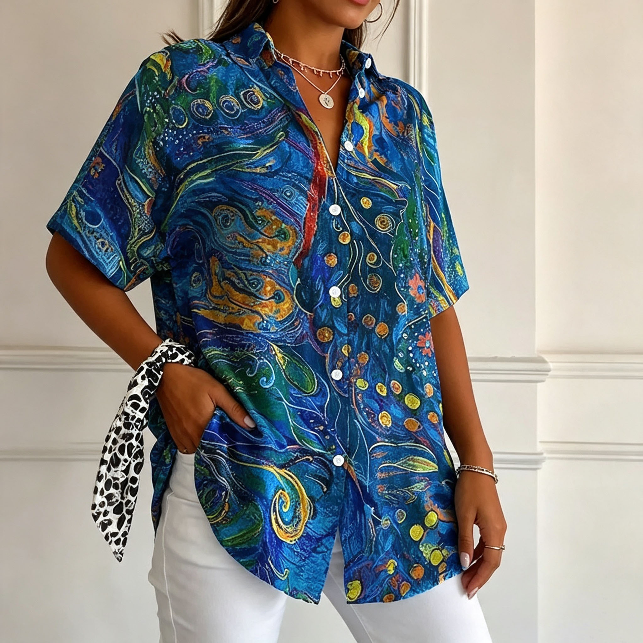 Women’s Bohemian Floral Print Short Sleeve Shirt – Polyester Casual Button-Up Blouse
