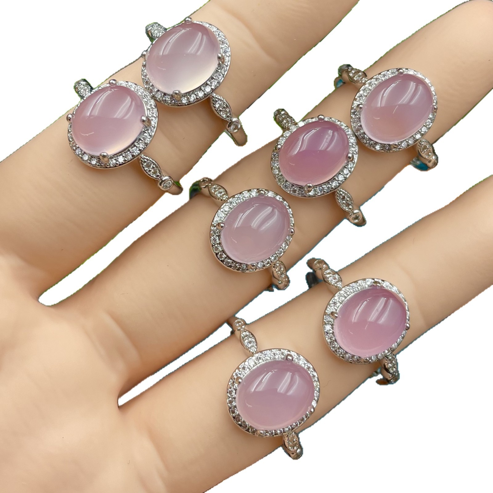 Oval Cabochon Natural Pink Chalcedony Halo Ring for Women, Copper Silver Plated Band with 8*10MM Smooth Matte Gemstone, Full Cubic Zirconia Border Dainty Romantic Statement Jewelry Gift for Birthday Wedding Anniversary