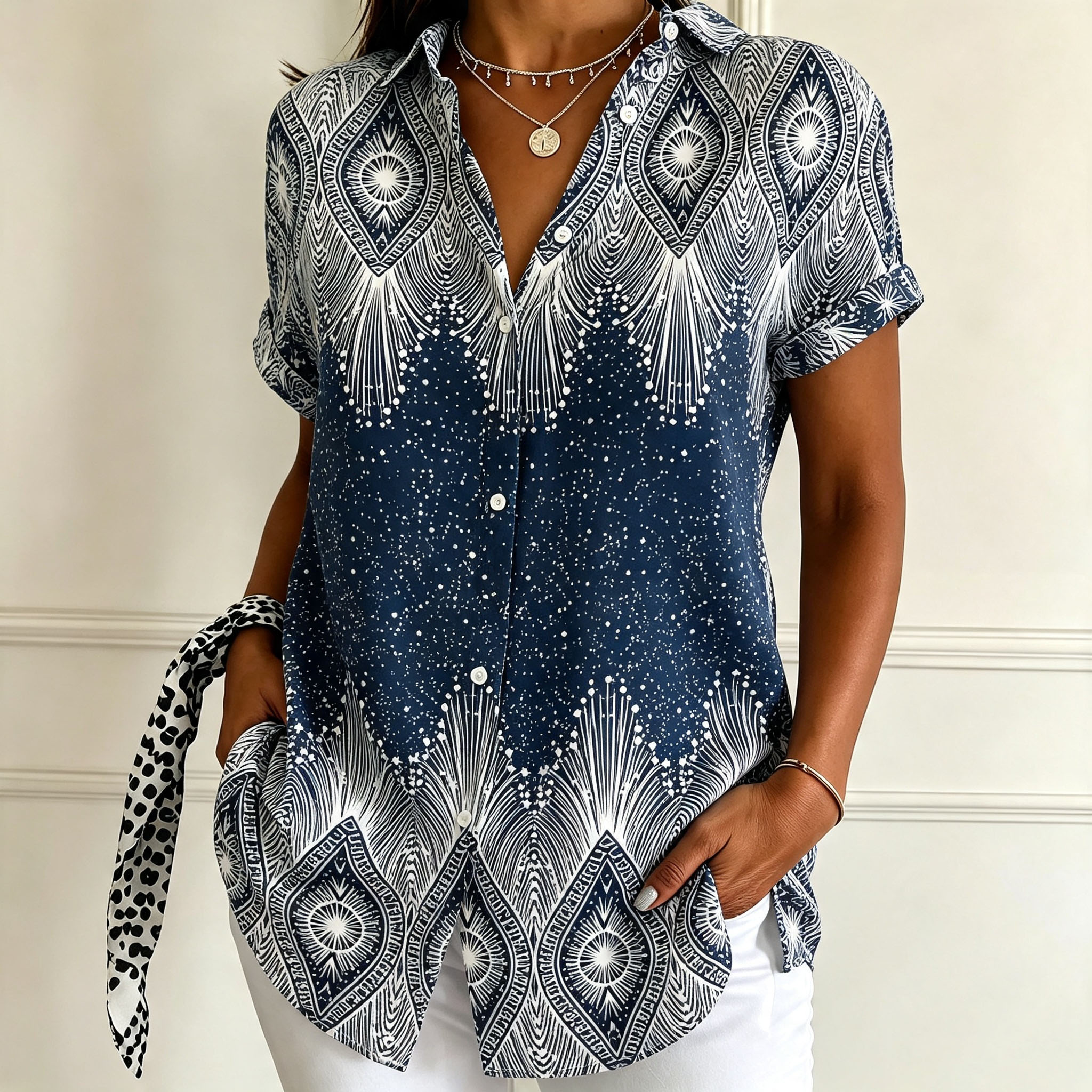    Women's Short Sleeve Button Down Shirt – Elegant Printed Casual Blouse with Soft Polyester Fabric