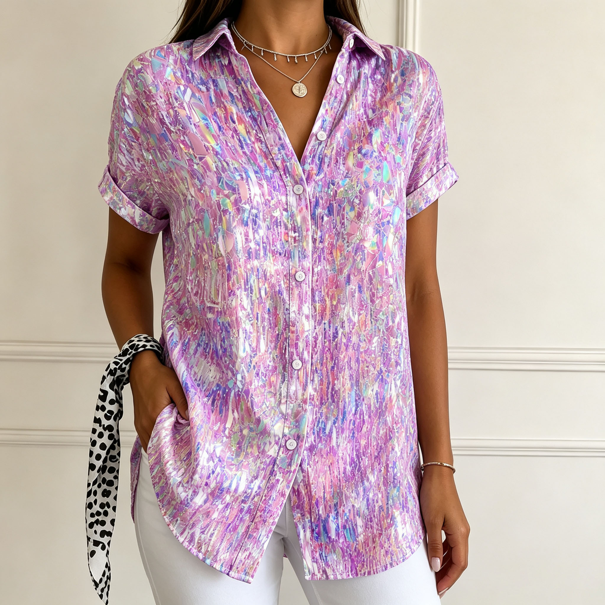Women’s Short Sleeve Button Down Shirt Casual Loose Fit Blouse Abstract Printed Collared Tops Lightweight Summer Shirt for Women-gemscharms
