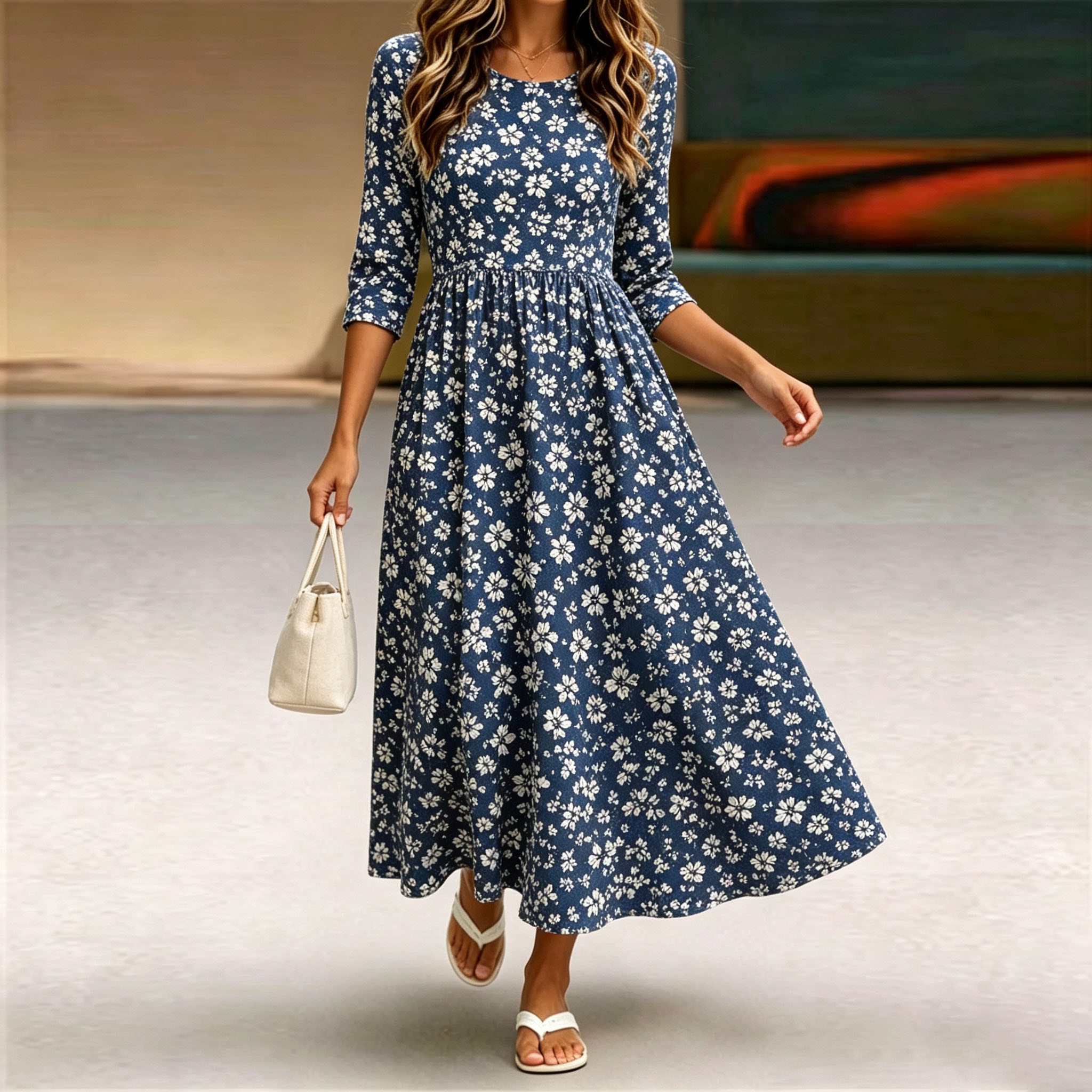 Women’s Floral Maxi Dress, Navy Blue Long Sleeve Dress with White Flower Print, A-Line Swing Casual Dress with Pockets, Elegant Boho Fall Dress for Vacation, Party & Everyday Wear