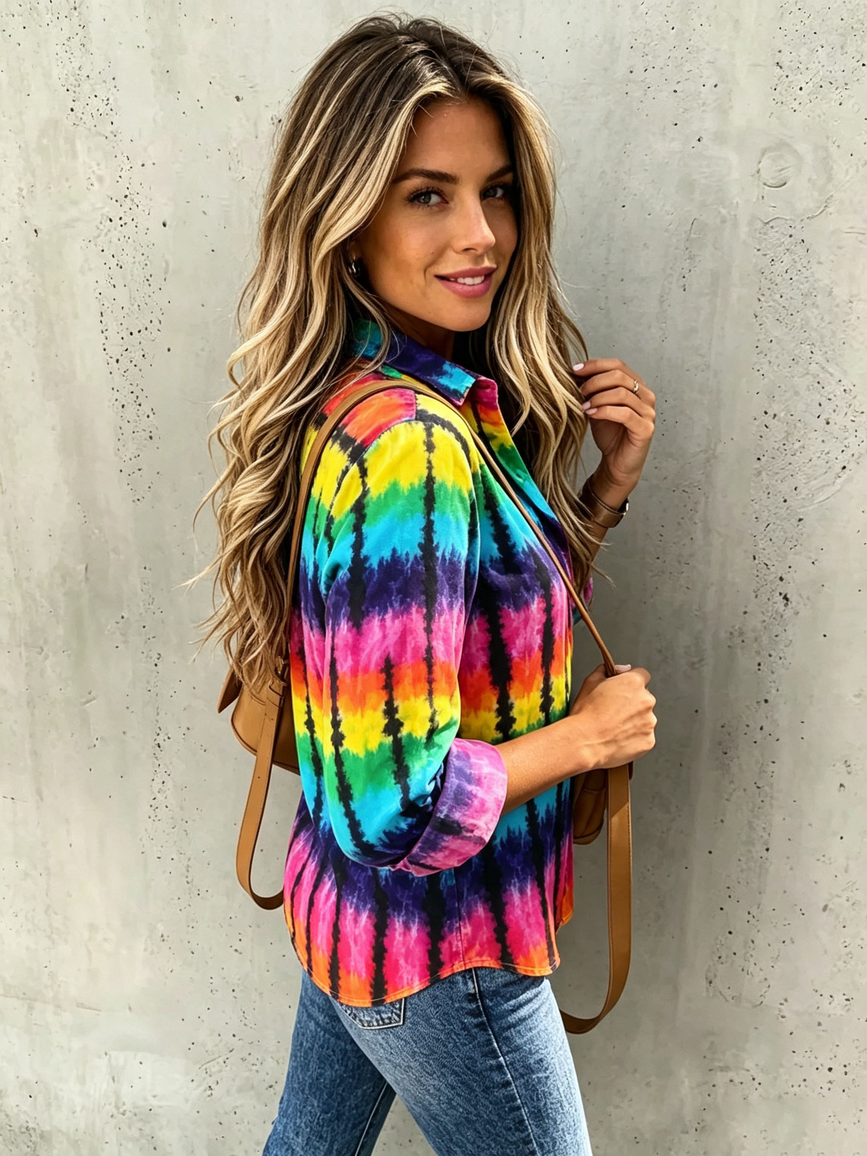 Women's Tie Dye Print Button Down Shirt Casual Long Sleeve Blouse Colorful Printed Oversized Tops Loose Fit Beach Vacation Shirt-gemscharms