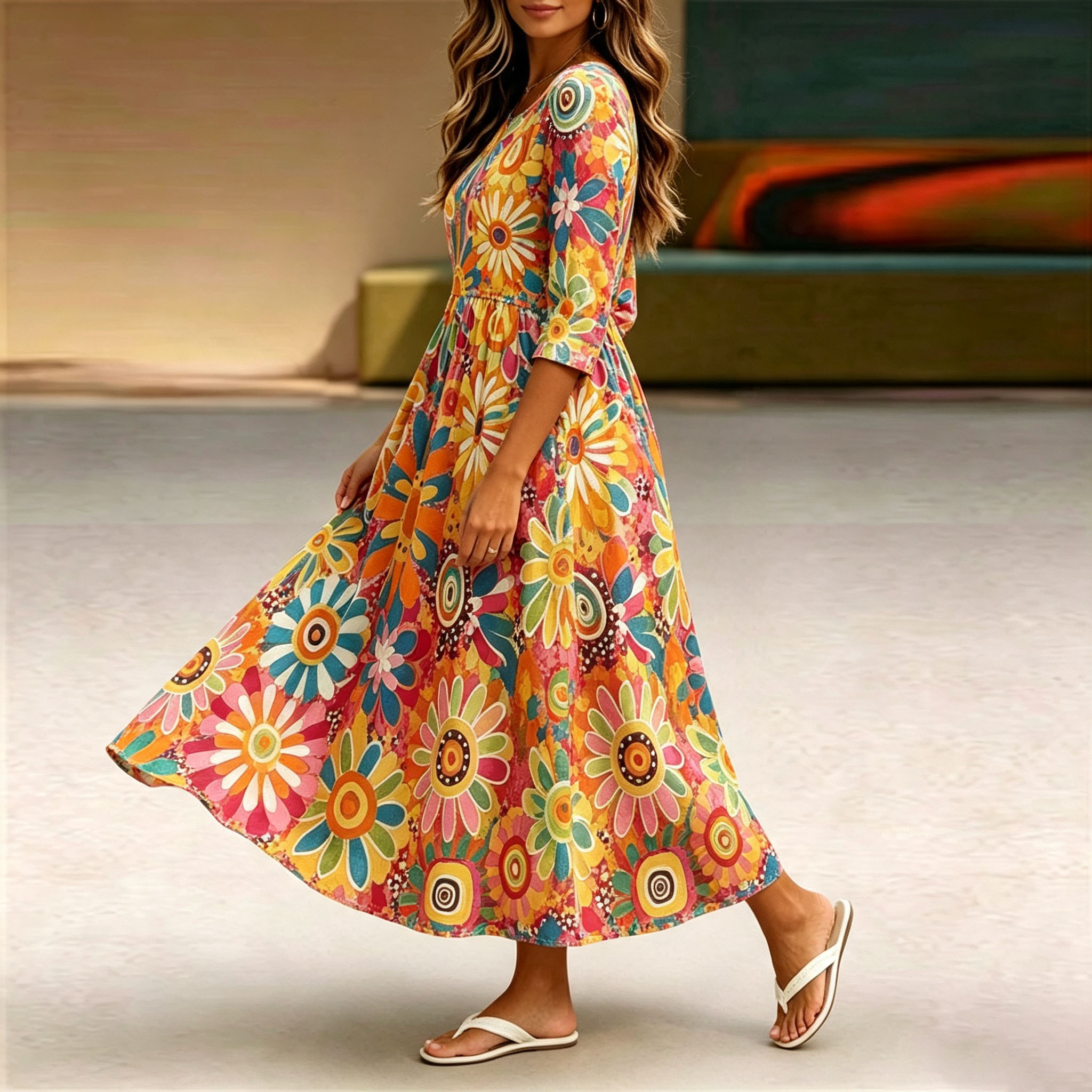 Women's Floral Print Midi Maxi Dress 5/8 Sleeve Casual A Line Dress Round Neck High Waist Swing Dress Colorful Boho Summer Dress