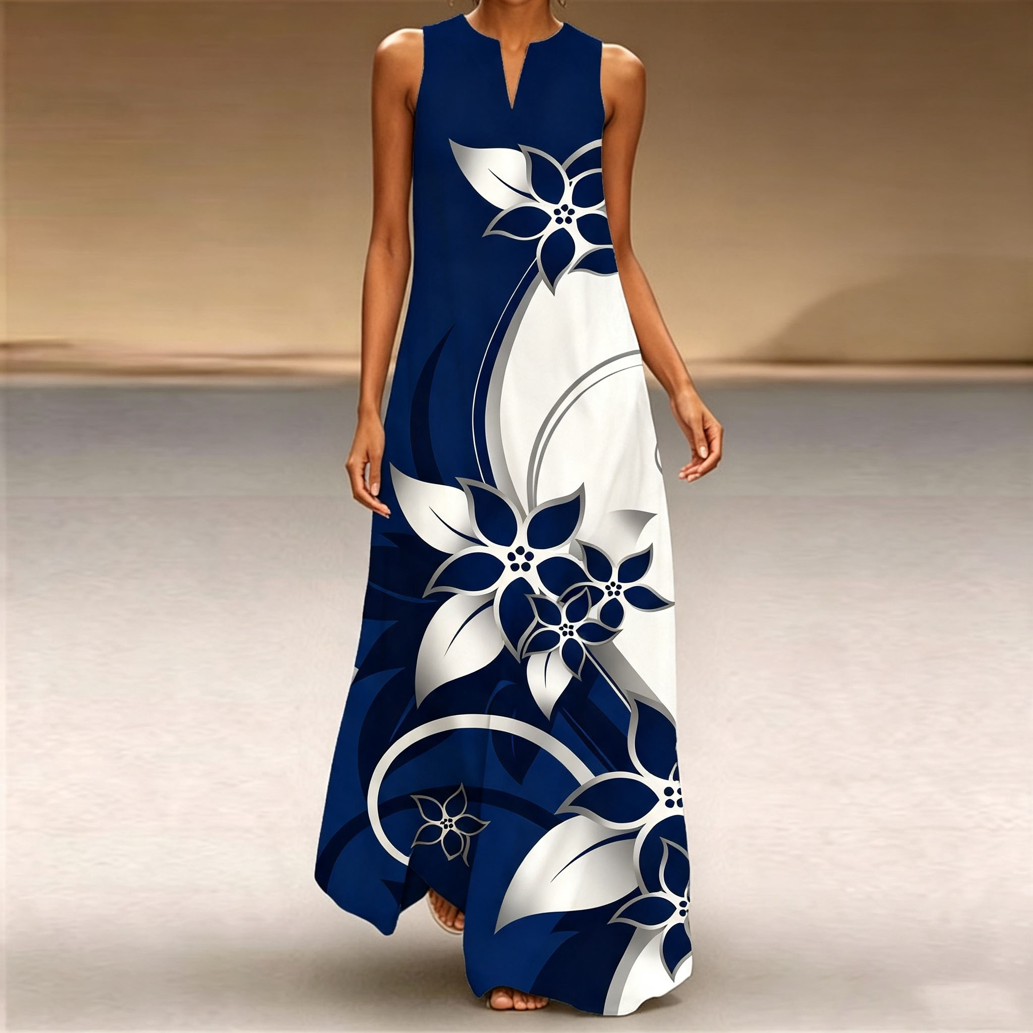 Women's Elegant Blue Floral Print Maxi Dress – Sleeveless Summer Casual Dress with Flowing A-Line Silhouette
