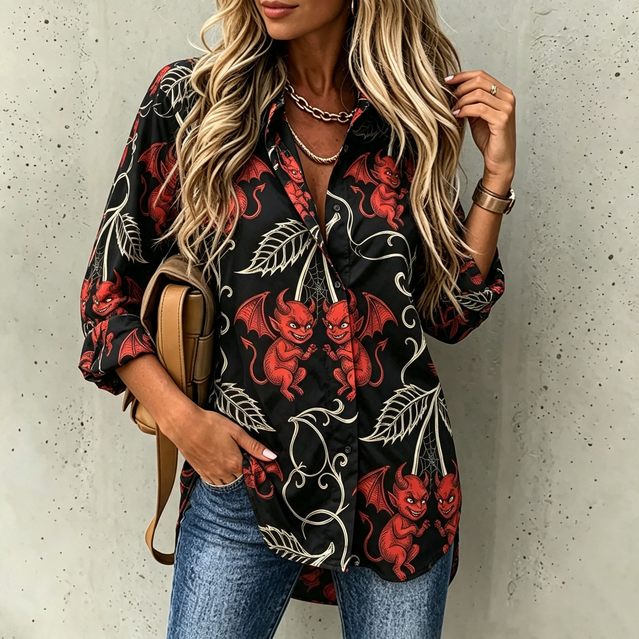 Women's Halloween Devil Print Button Down Shirt – Long Sleeve Gothic Blouse with Red Demon Pattern and Casual Loose Fit