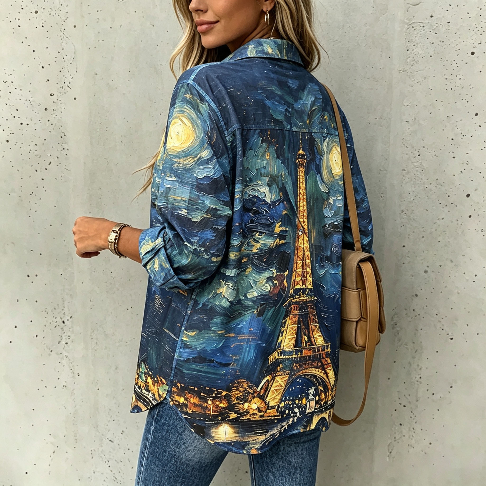 Women's Paris Eiffel Tower Art Print Button Down Shirt – Long Sleeve Casual Blouse with Vintage City Landscape Design and Relaxed Fit-gemscharms