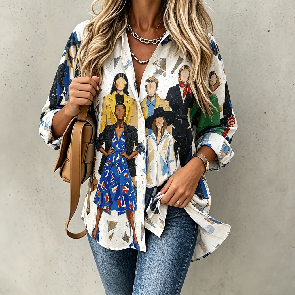 Women’s Artistic Fashion Print Long Sleeve Button Down Shirt, Abstract Figure Printed Collared Blouse, Casual Loose Fit Graphic Shirt for Spring Fall-gemscharms