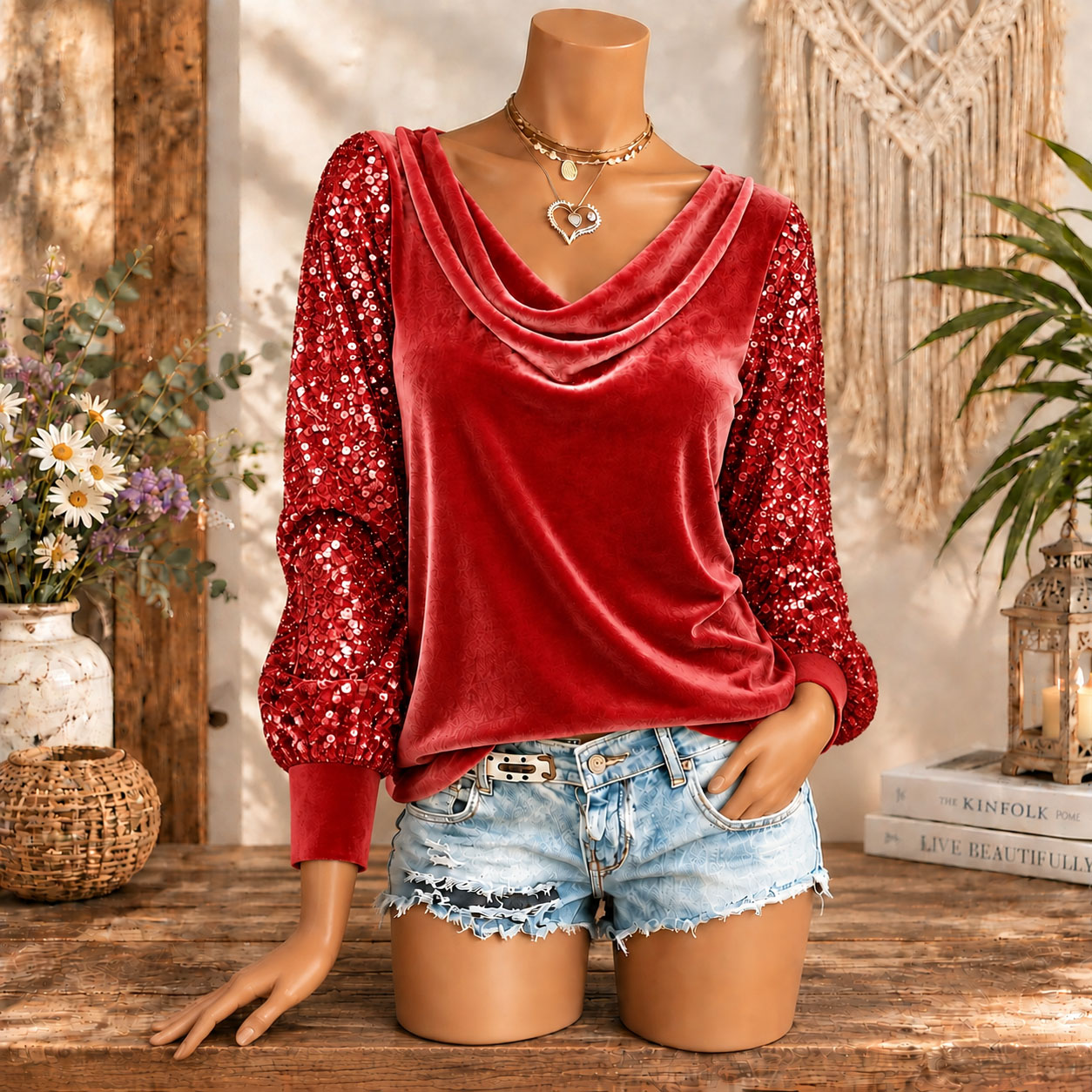 Women’s Velvet Cowl Neck Long Sleeve Top with Sequin Sleeves