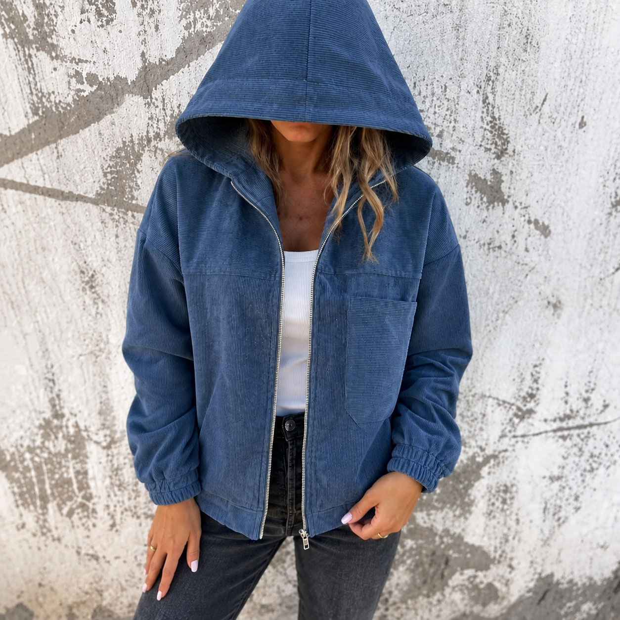 Women’s Corduroy Hooded Jacket Zip Up Casual Coat with Pockets Long Sleeve Relaxed Fit Fall Winter Outerwear