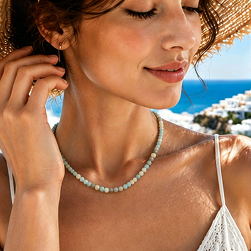 mazonite Beaded Necklace – Mediterranean Sea Inspired Gemstone Jewelry | Handmade Natural Stone Necklace for Women | Calm Ocean Blue Crystal Strand