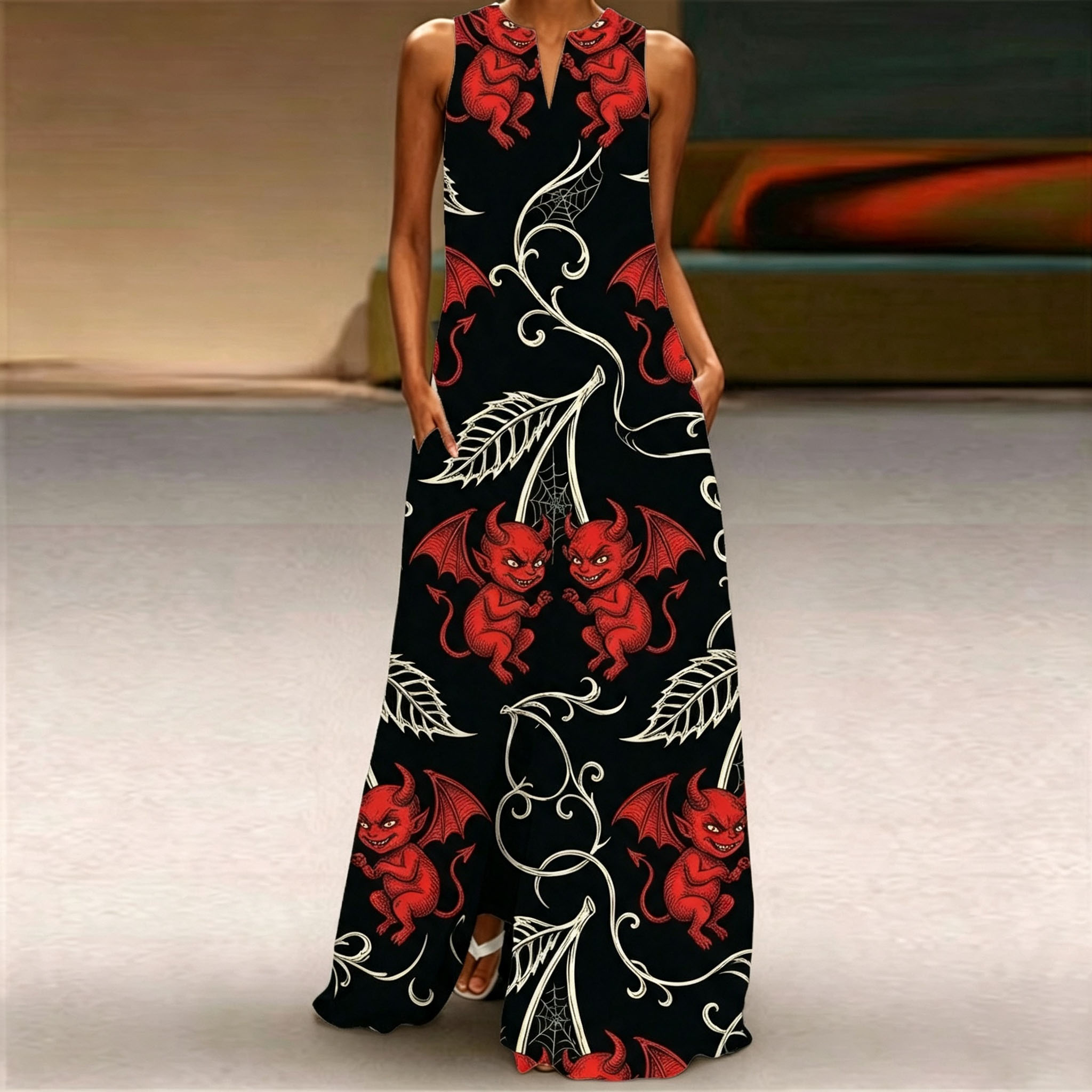 Women Sleeveless Notch V‑Neck Maxi Dress, Black Red Little Devil Spider Web Vine Print Loose Flowy Long Dress With Side Pockets