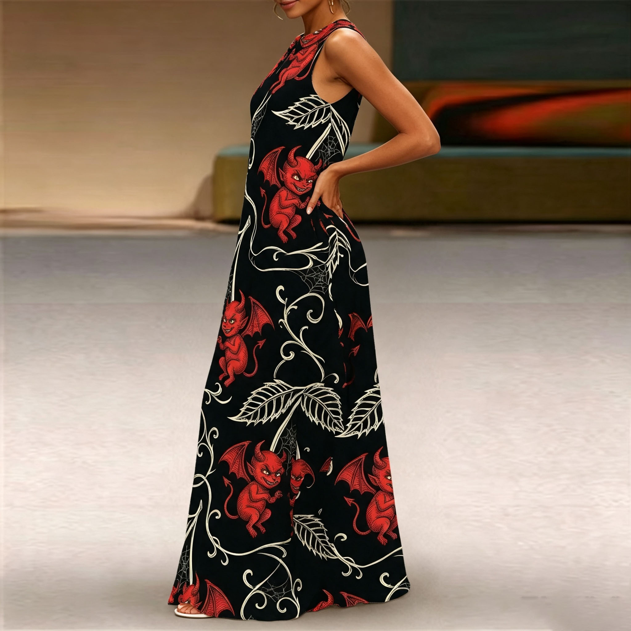 Women Sleeveless Notch V‑Neck Maxi Dress, Black Red Little Devil Spider Web Vine Print Loose Flowy Long Dress With Side Pockets