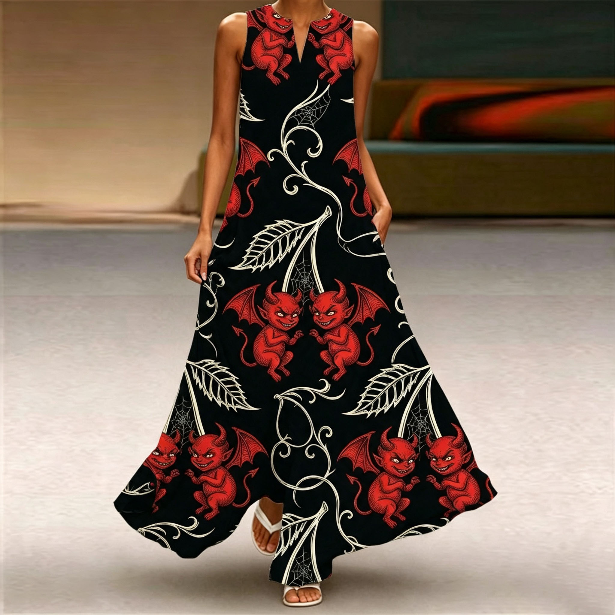 Women Sleeveless Notch V‑Neck Maxi Dress, Black Red Little Devil Spider Web Vine Print Loose Flowy Long Dress With Side Pockets