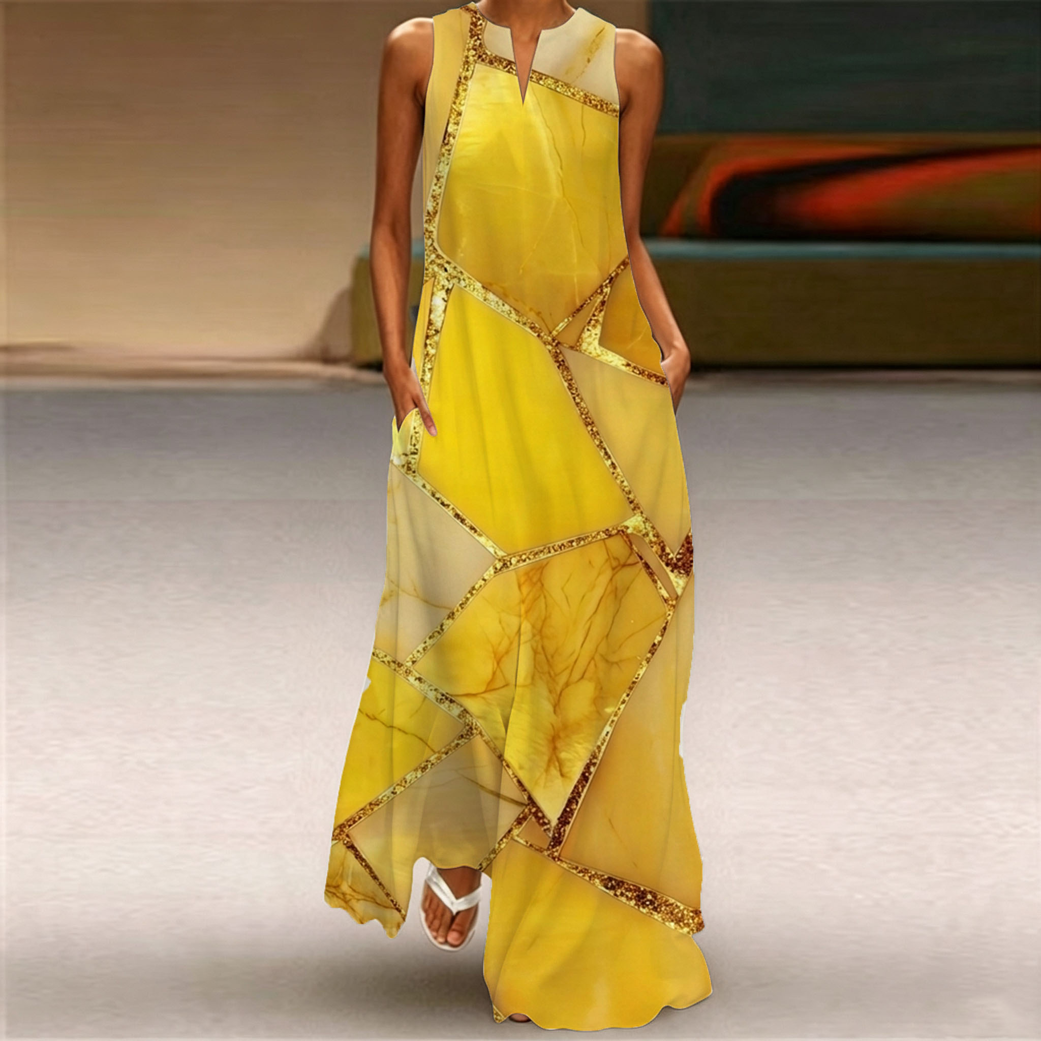 Women's Abstract Yellow Marble Print Maxi Dress – Sleeveless A-Line Long Dress with Pockets, Elegant Summer Vacation Dress
