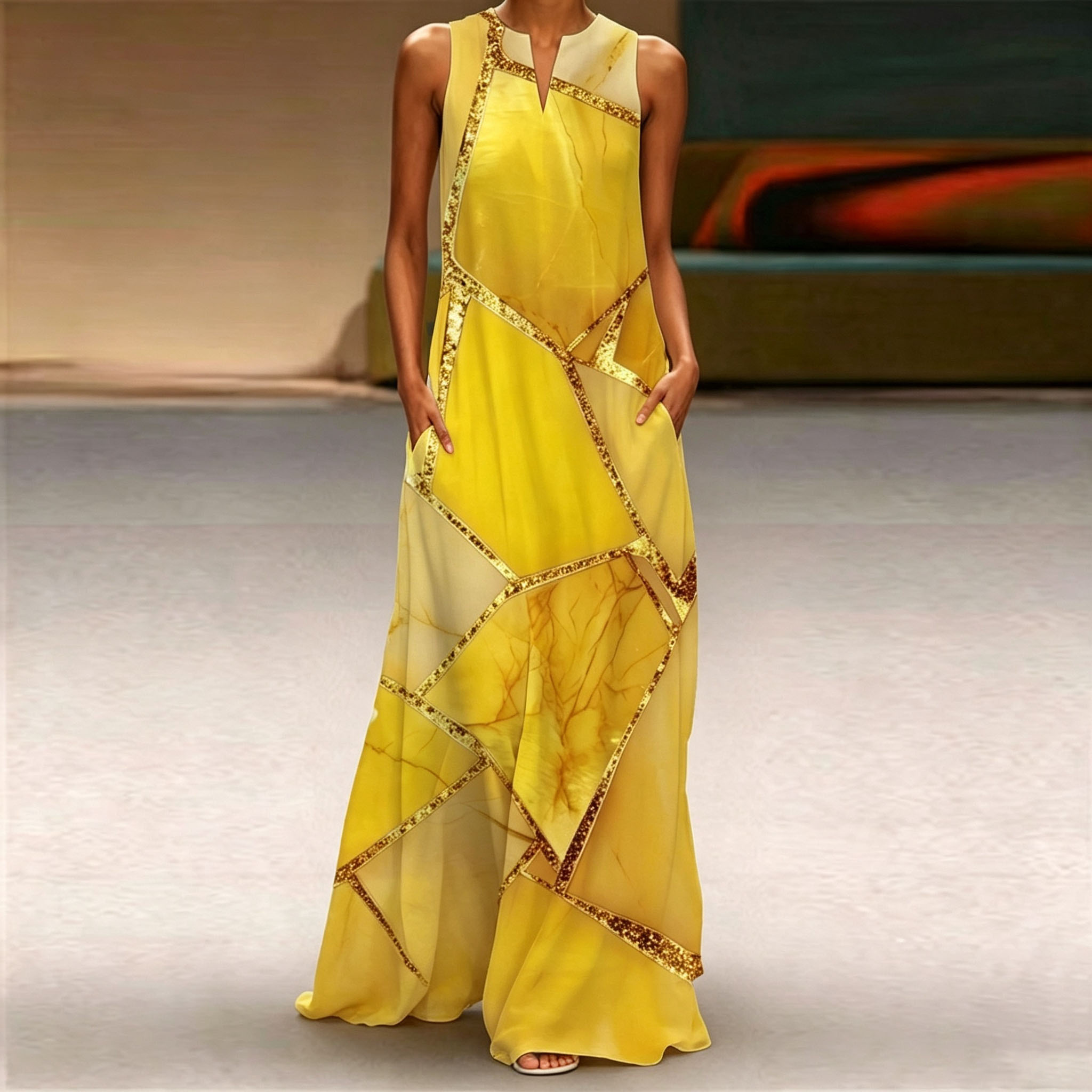 Women's Abstract Yellow Marble Print Maxi Dress – Sleeveless A-Line Long Dress with Pockets, Elegant Summer Vacation Dress
