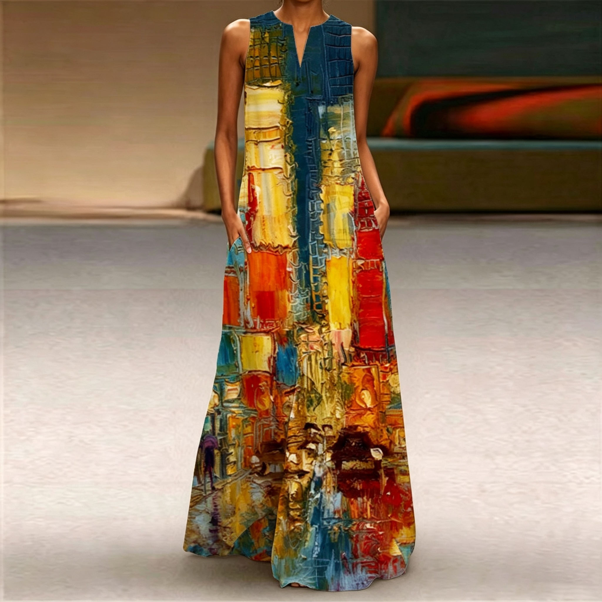 Women Sleeveless Notch V‑Neck Maxi Dress, Vibrant Oil Painting City Art Print Loose Flowy Long Casual Dress With Side Pockets