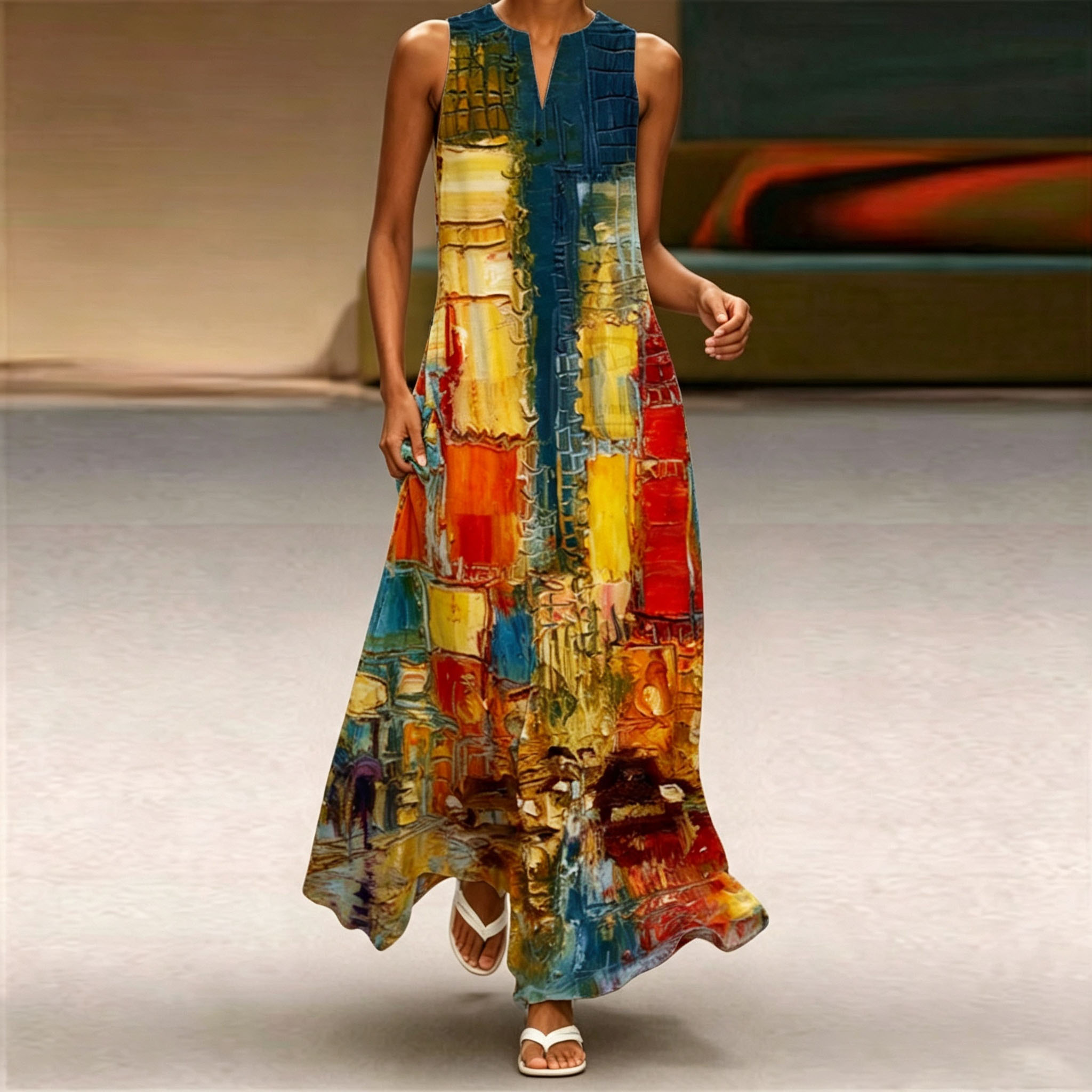 Women Sleeveless Notch V‑Neck Maxi Dress, Vibrant Oil Painting City Art Print Loose Flowy Long Casual Dress With Side Pockets