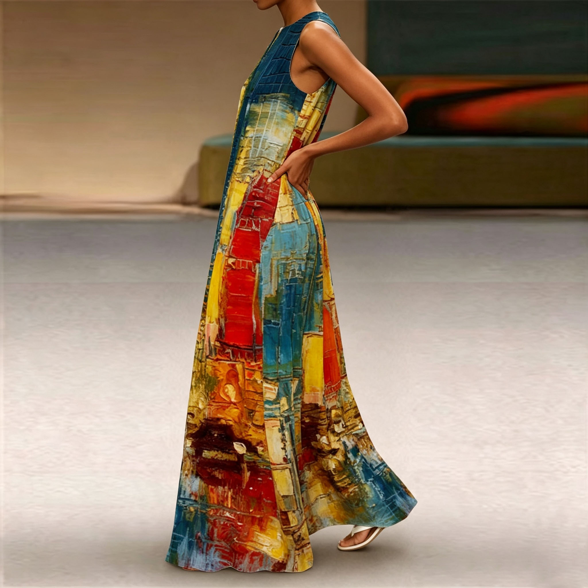 Women Sleeveless Notch V‑Neck Maxi Dress, Vibrant Oil Painting City Art Print Loose Flowy Long Casual Dress With Side Pockets